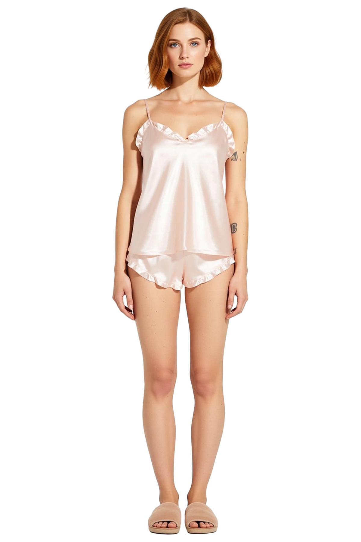Kadın Fırfırlı İnce Askılı Saten Pijama Takımı Rahat Yazlık Uyku Seti Premium Kalite Trend Tasarım