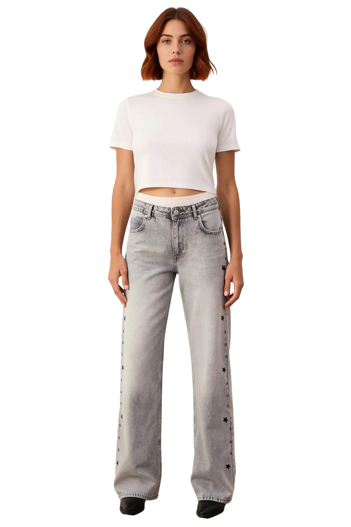 Kadın Yıldız Detaylı Wide Leg Jean Pantolon Fonksiyonel Dayanıklı Kaliteli Konforlu Modern