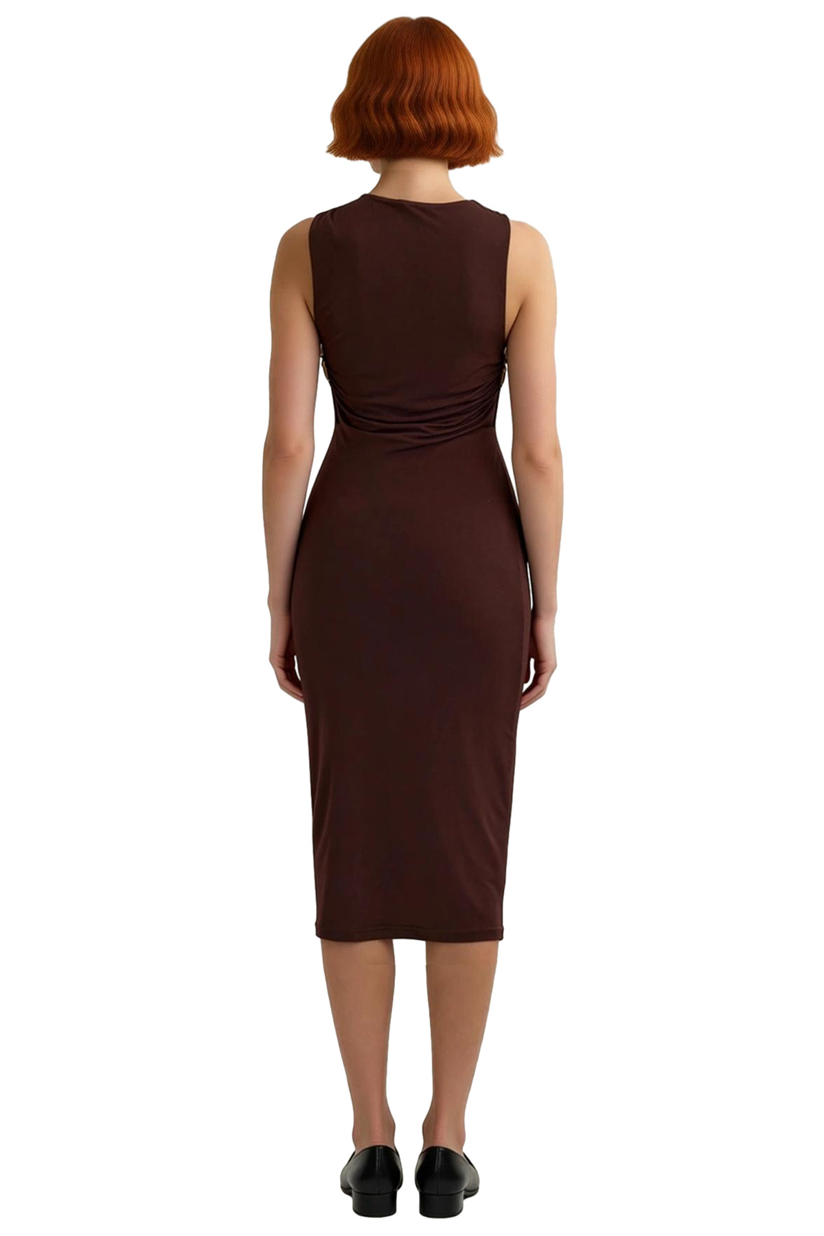 Kadın Bodycon Kesim Midi Asimetrik Yaka Aksesuar Detaylı Şık Örme Kokteyl ve Gece Elbisesi