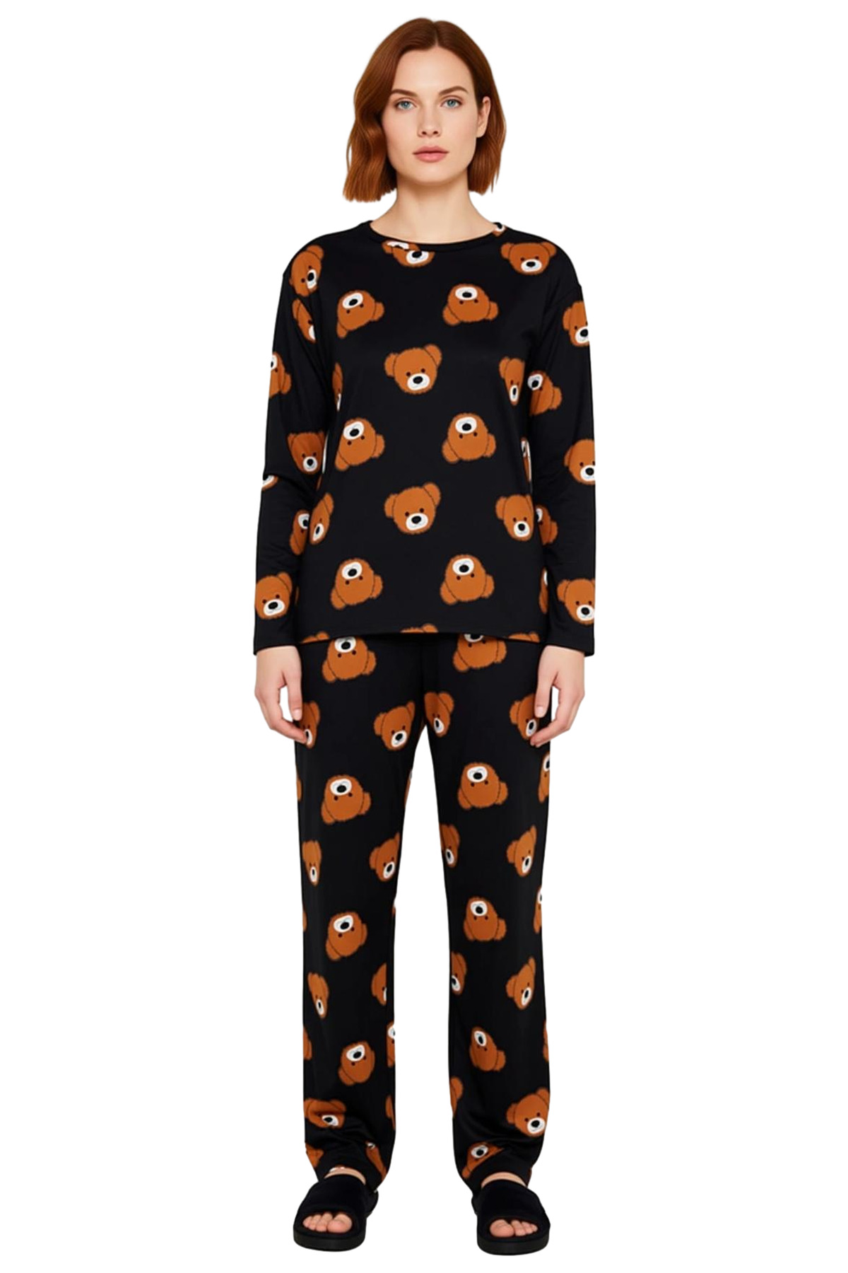 Ayıcık Baskılı Uzun Kollu Pijama Takımı Kadın Fonksiyonel Dayanıklı Kaliteli Konforlu Spor
