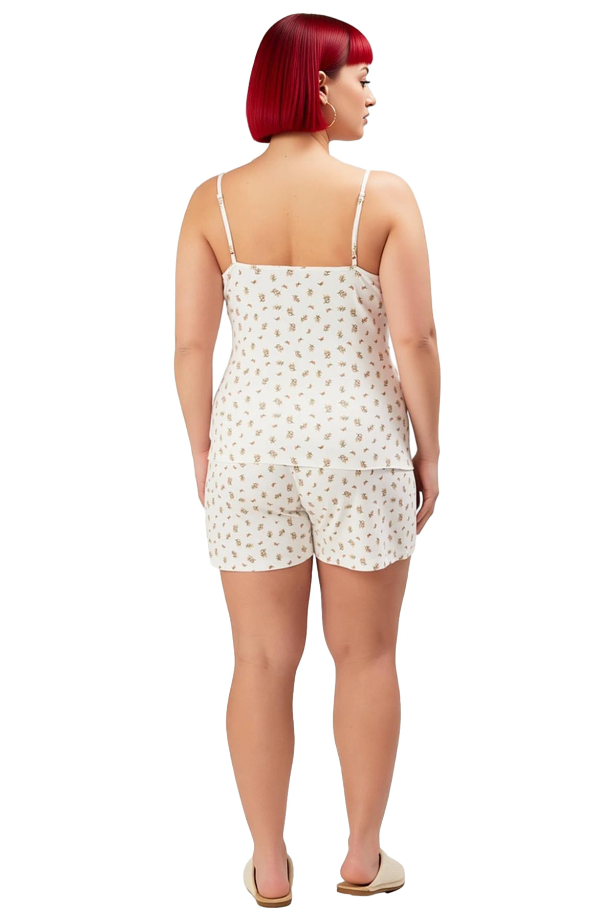 Kadın Çiçekli İnce Askılı V Yaka Fitilli Örme Pijama Takımı Fonksiyonel Dayanıklı Kaliteli