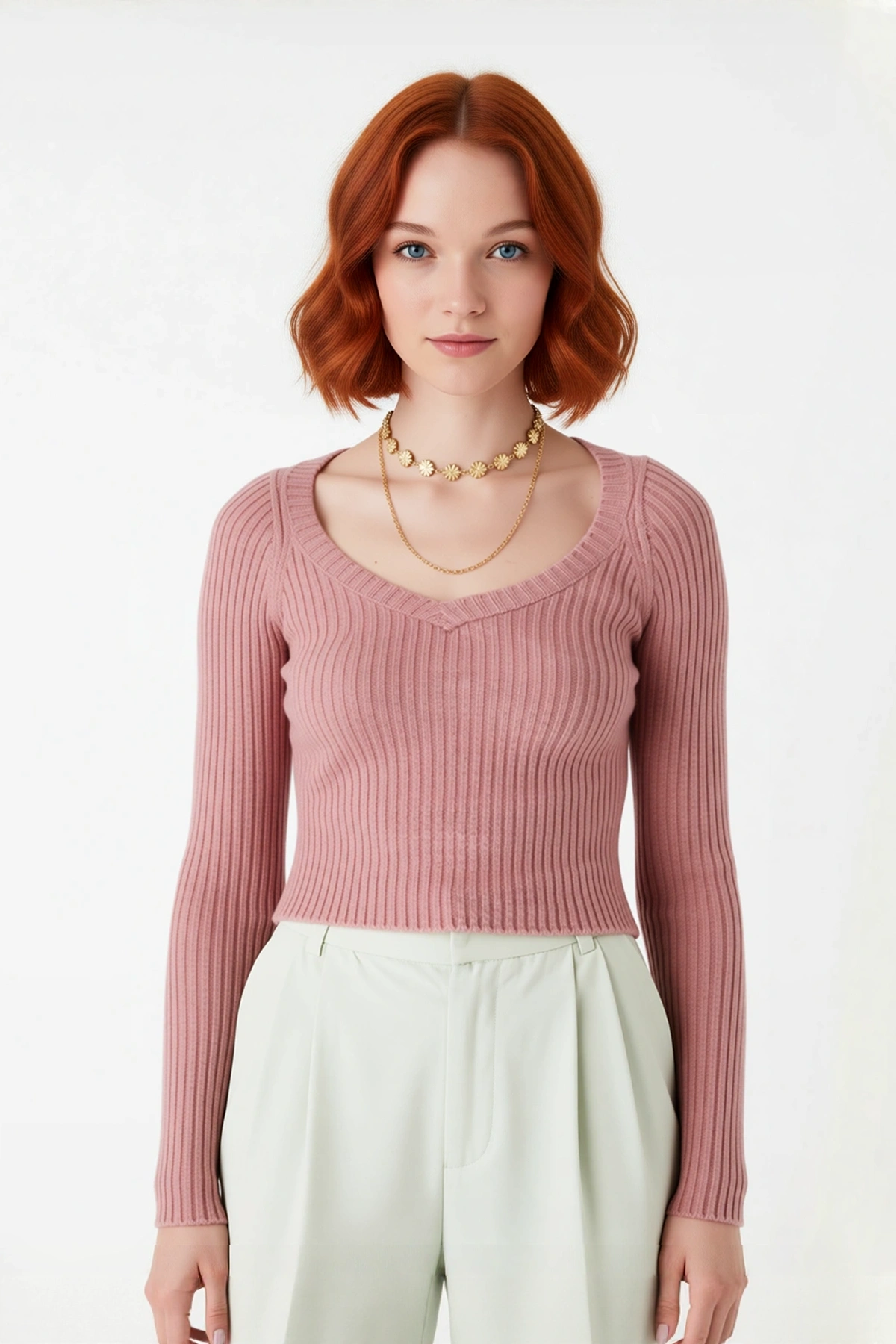 Kadın Fitted V Yaka Reglan Kol Süper Crop Fitilli Triko Kazak Basic Koleksiyon Günlük Şıklık