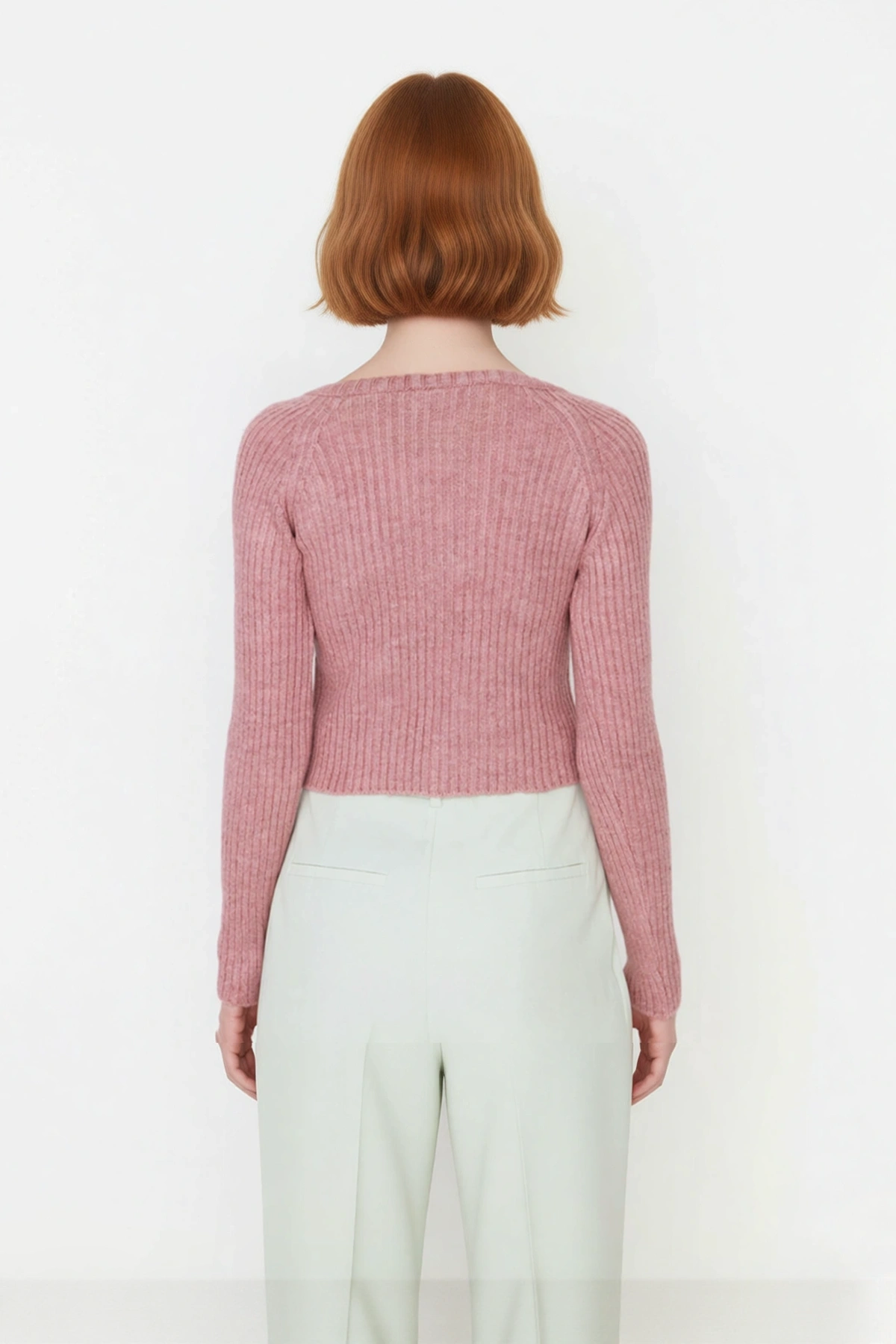 Kadın Fitted V Yaka Reglan Kol Süper Crop Fitilli Triko Kazak Basic Koleksiyon Günlük Şıklık