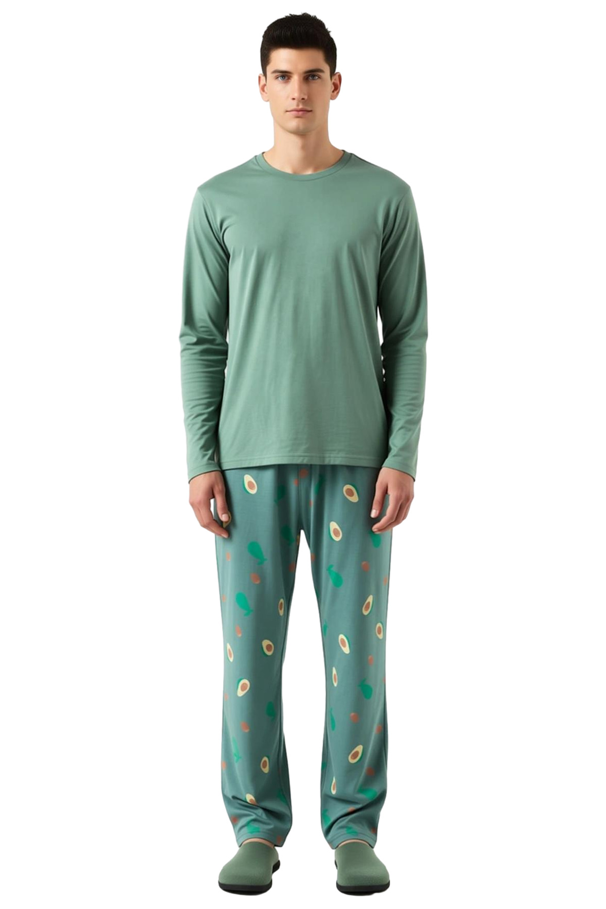 Avokado Baskılı Erkek Pijama Takımı Bisiklet Yaka Fonksiyonel Dayanıklı Kaliteli Konforlu Şık