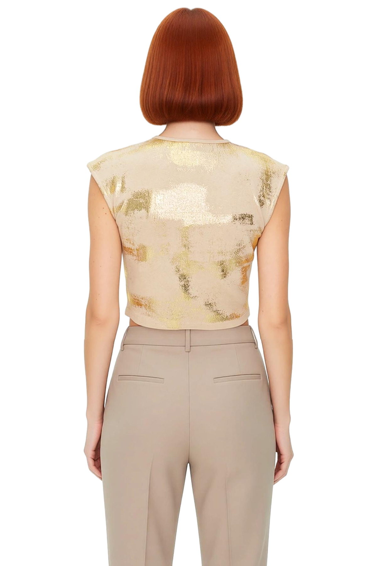 Kadın Fitted Crop Pamuklu Bluz Altın Varak Baskı Casual Yazlık Trend Tasarım Profesyonel Görünüm