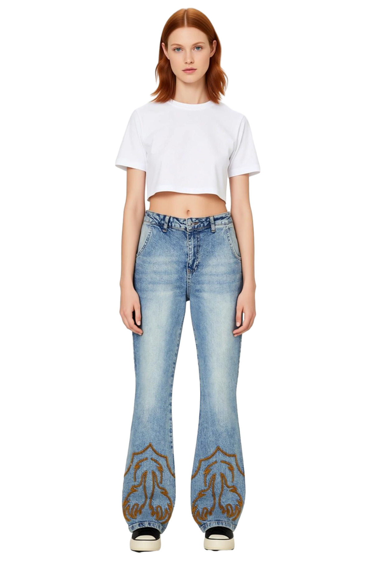 Kadın Moda Yüksek Bel Nakışlı Uzun Boy Flare Jean Pantolon Pamuk Günlük Stil Mevsimlik Kullanım