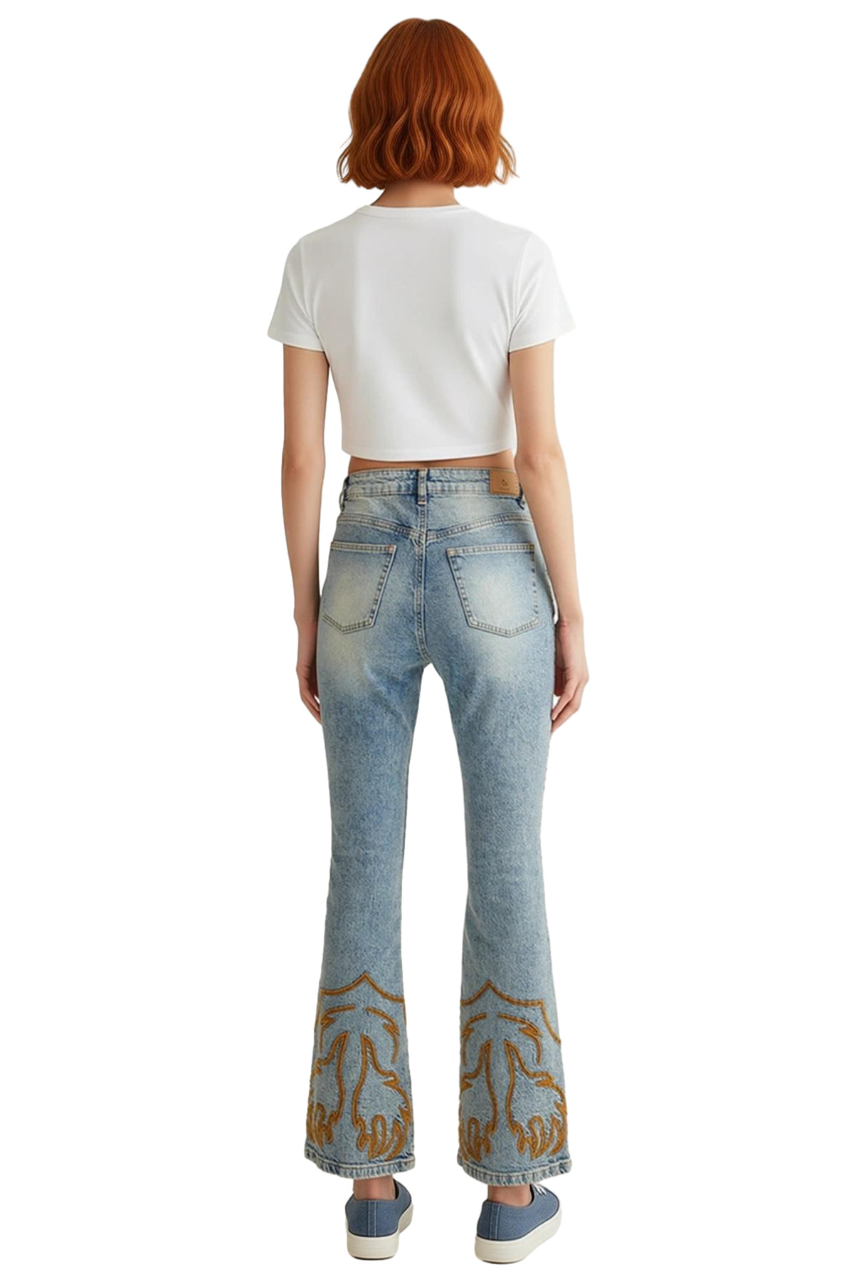 Kadın Moda Yüksek Bel Nakışlı Uzun Boy Flare Jean Pantolon Pamuk Günlük Stil Mevsimlik Kullanım