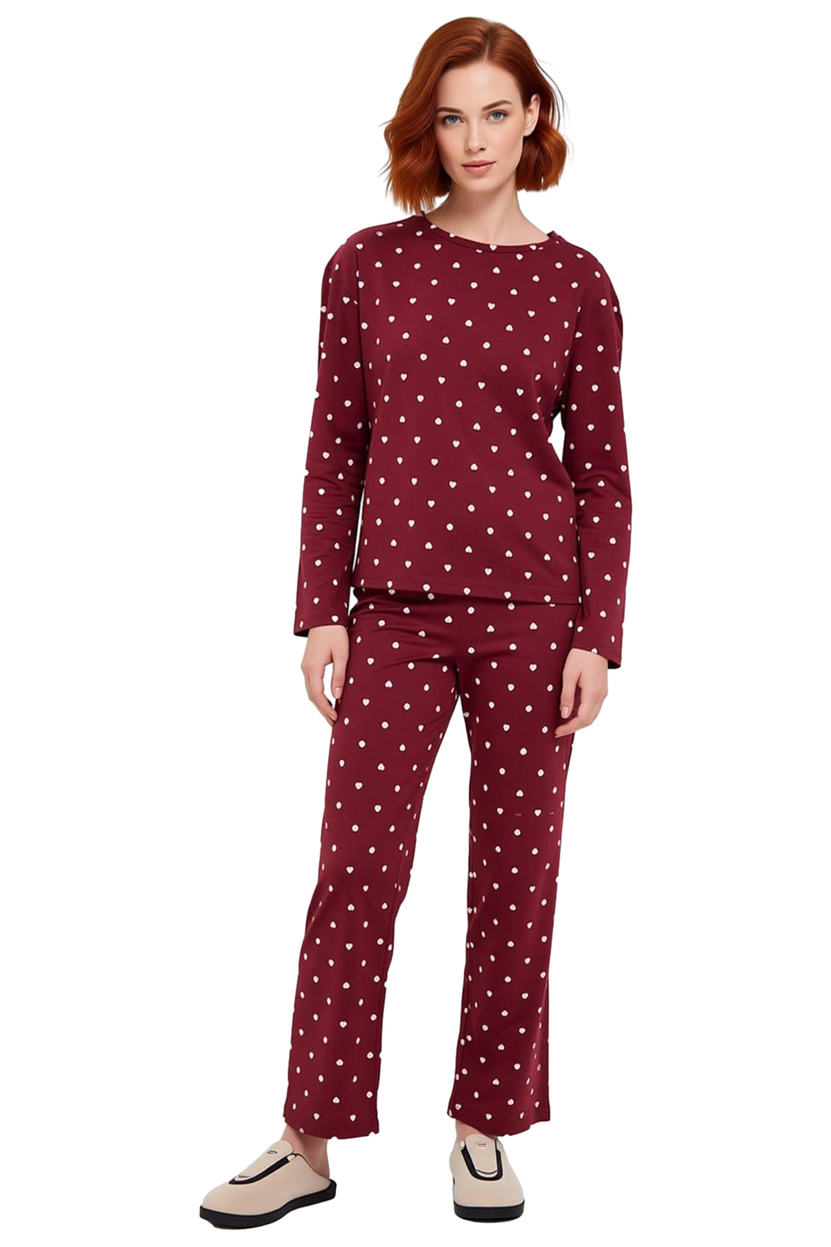 Kadın Kalp Desenli Bisiklet Yaka Pijama Takımı Fonksiyonel Dayanıklı Kaliteli Konforlu Şık