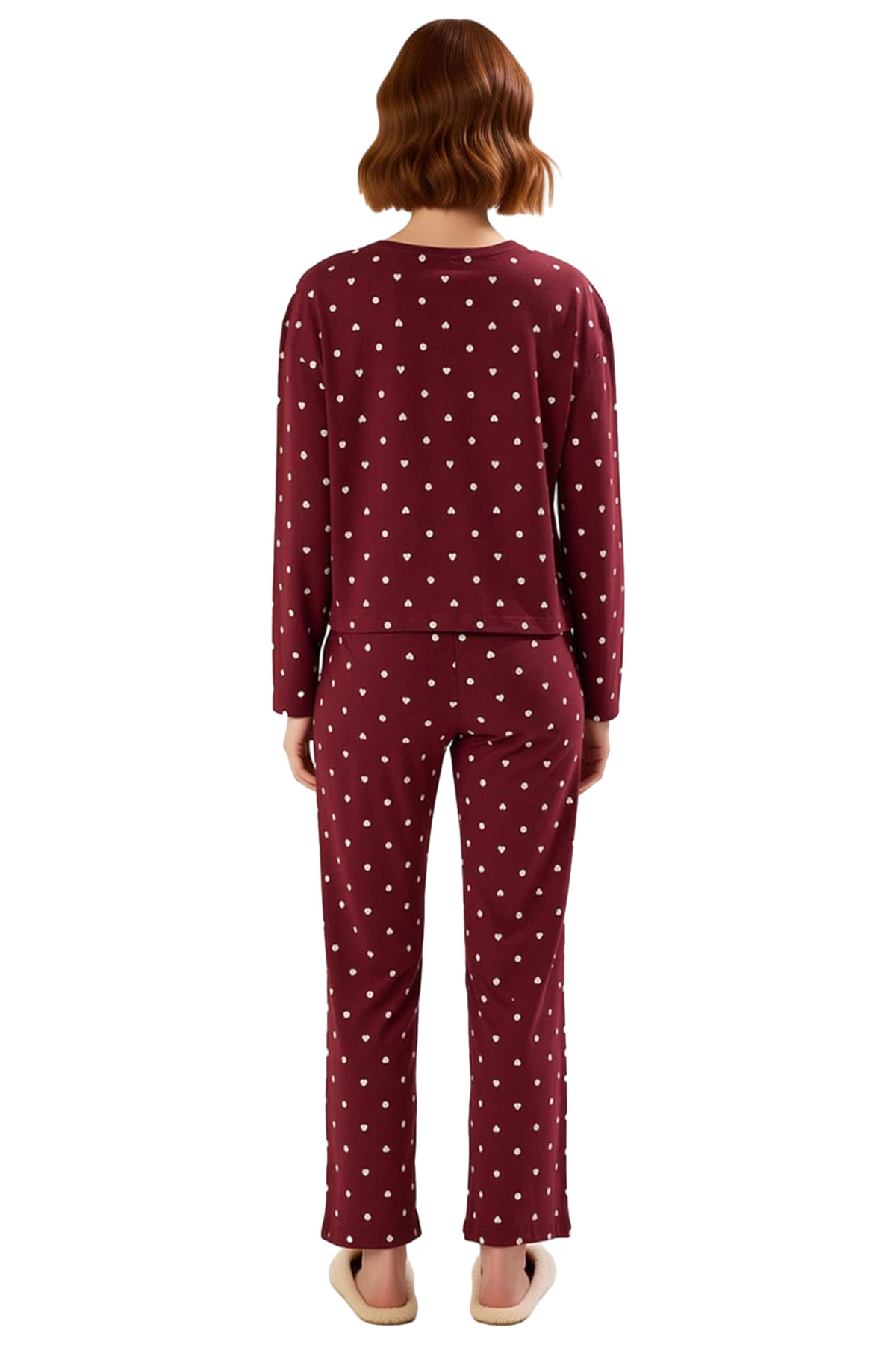 Kadın Kalp Desenli Bisiklet Yaka Pijama Takımı Fonksiyonel Dayanıklı Kaliteli Konforlu Şık