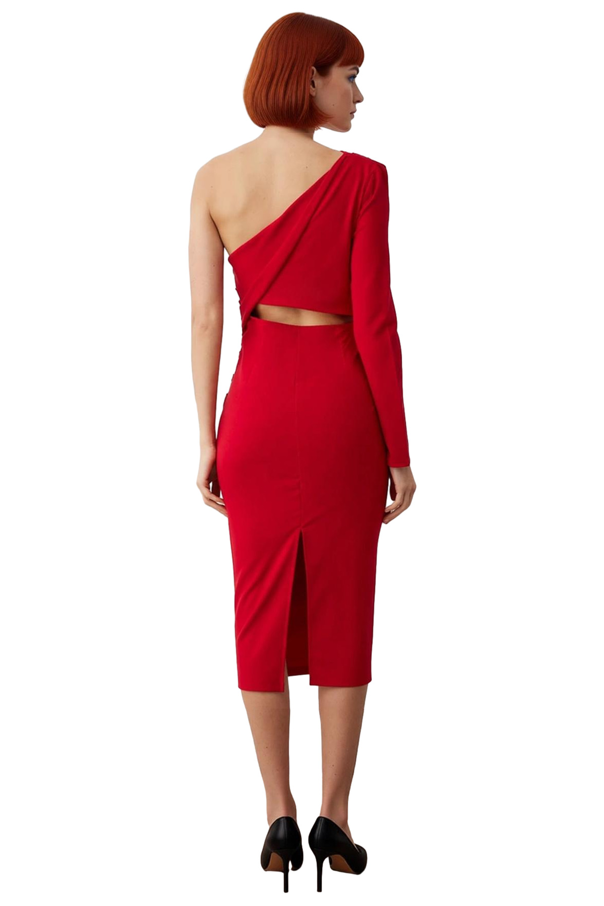Kadınlara Özel Tek Kol Uzun Kollu Bodycon Midi Dokuma Asimetrik Yaka Kokteyl Elbise Şıklığı