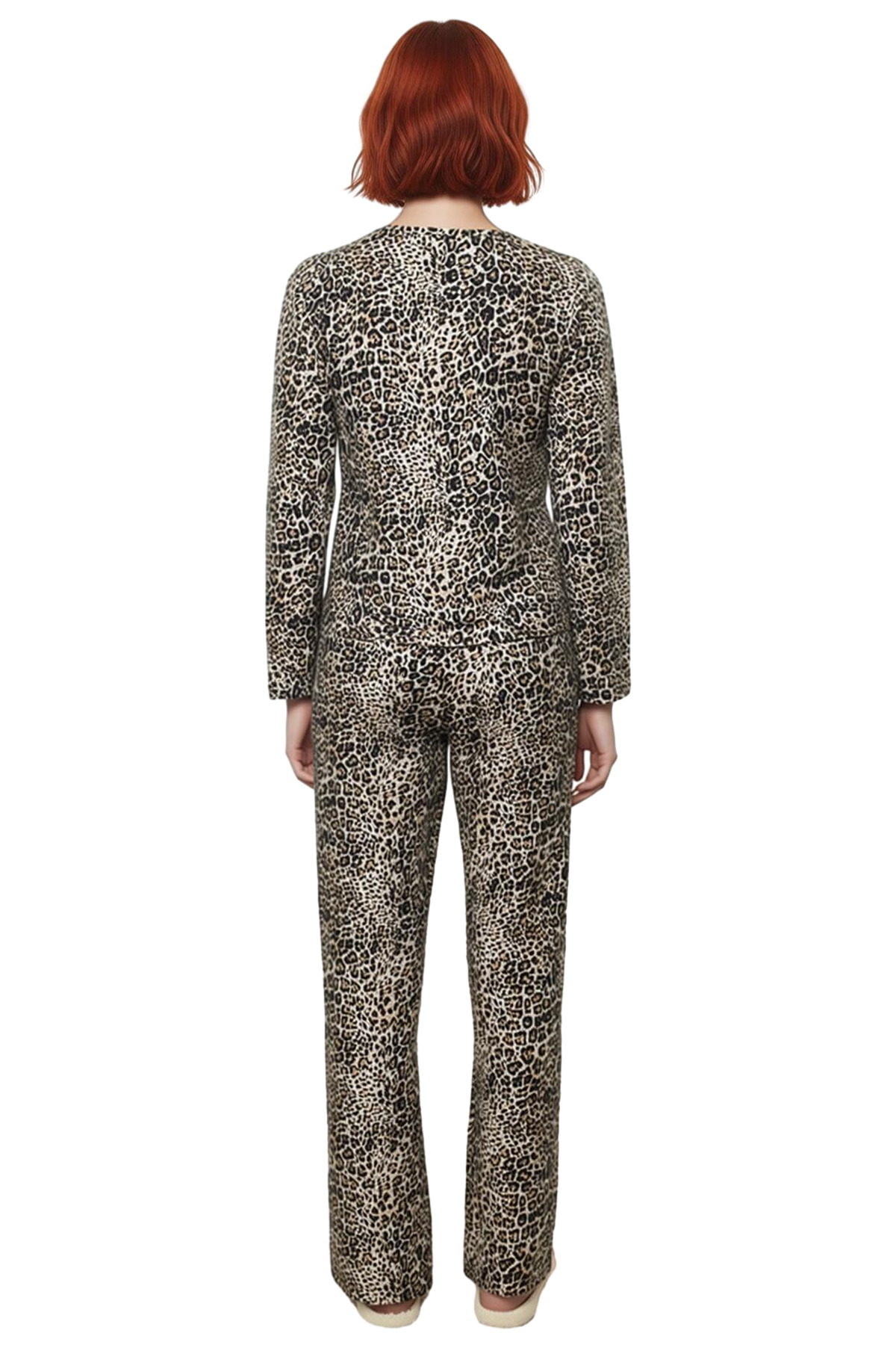 Kadın Şık Leopar Desenli Pamuklu Pijama Takımı Regular Kalıp Geniş Paça Uzun Ömürlü Rahat Kullanım