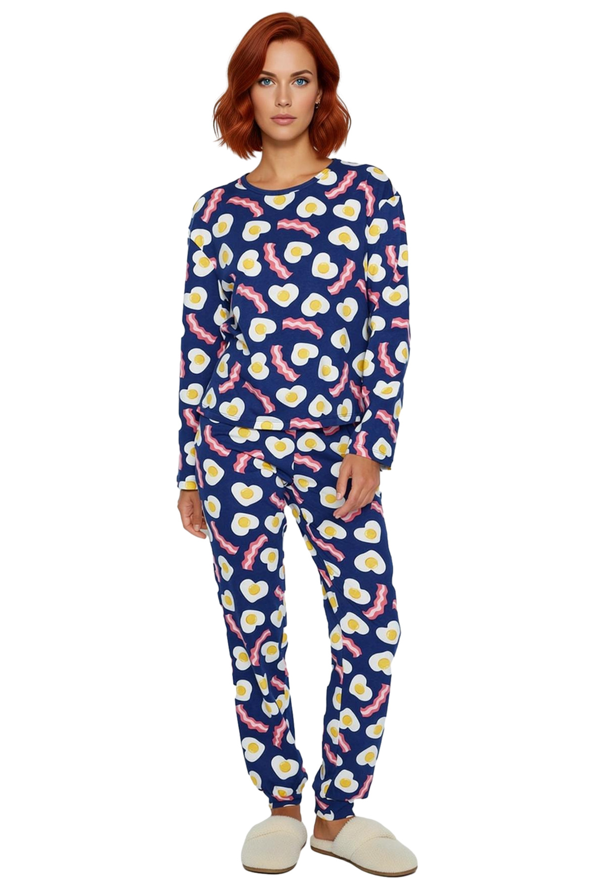 Kadin Kahvalti Desenli Pijama Takımı Bisiklet Yaka Uzun Kol Fonksiyonel Dayanıklı Kaliteli