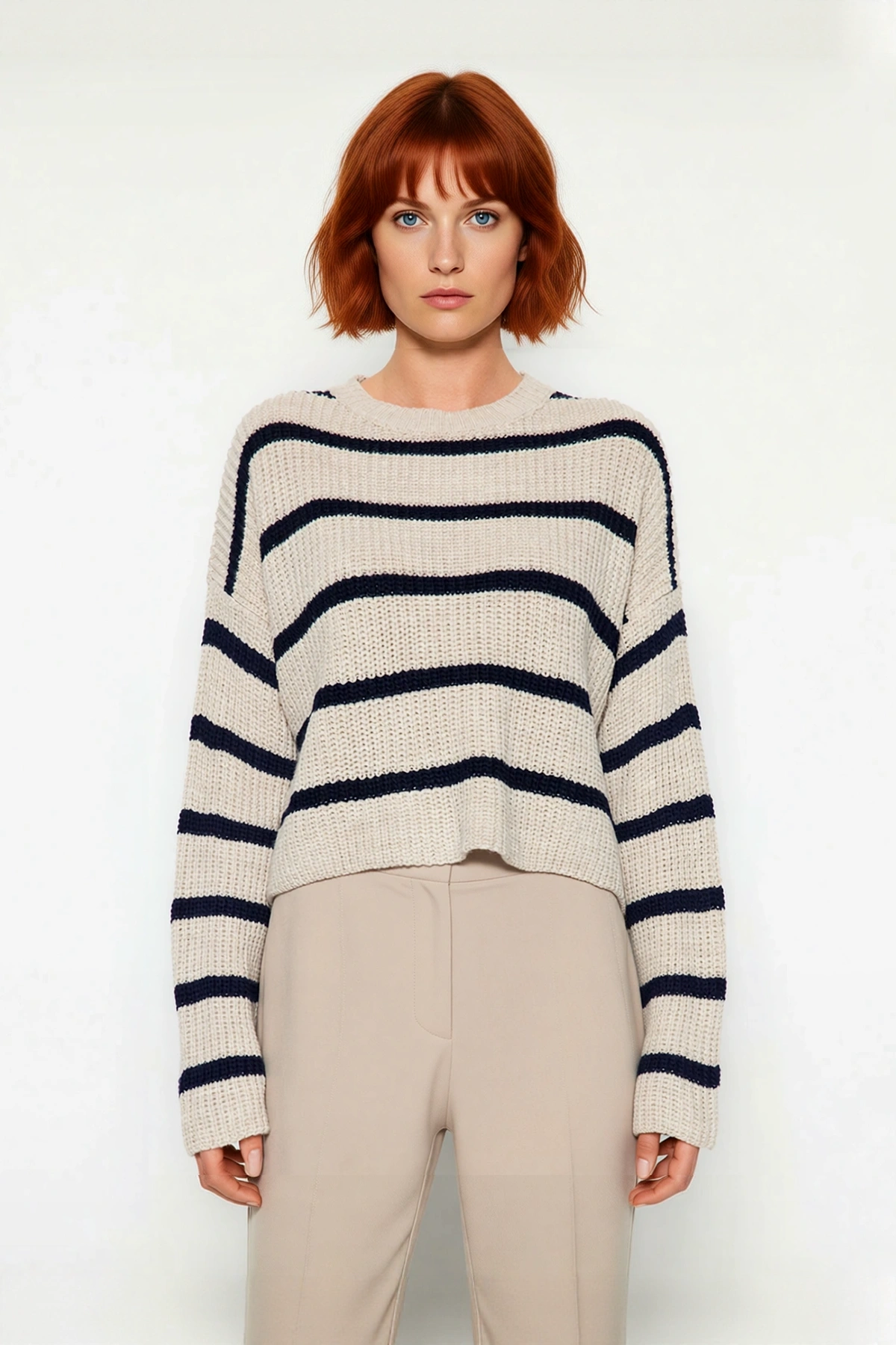 Kadın Oversize Bisiklet Yaka Çizgili Crop Triko Kazak Düşük Kollu Rahat Kışlık Kombinler İçin