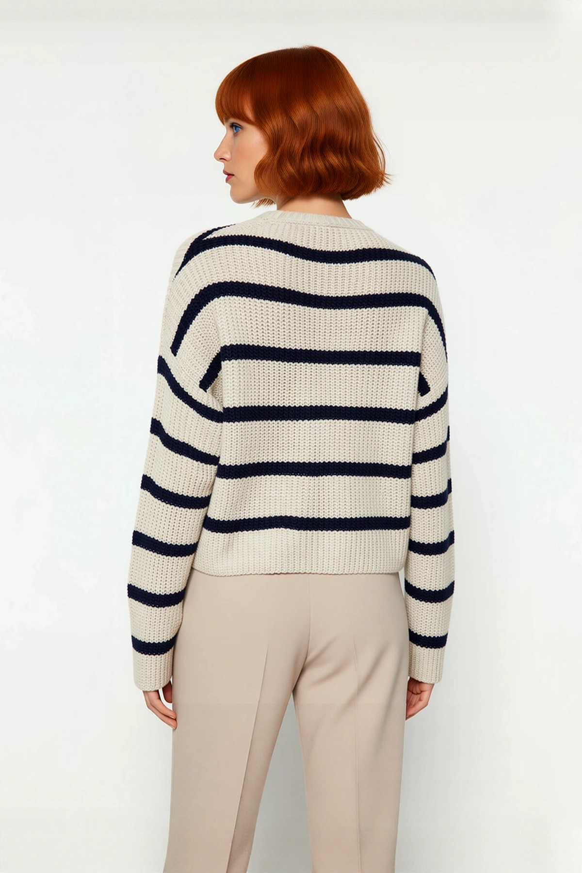 Kadın Oversize Bisiklet Yaka Çizgili Crop Triko Kazak Düşük Kollu Rahat Kışlık Kombinler İçin