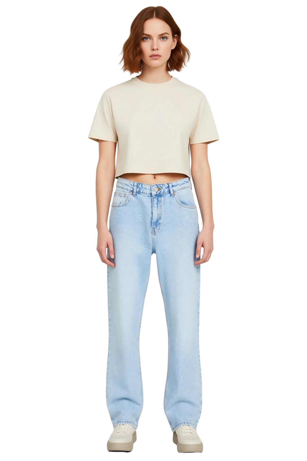 Kadın Açık Yüksek Bel Straight Kesim Denim Pantolon Fonksiyonel Dayanıklı Kaliteli Estetik