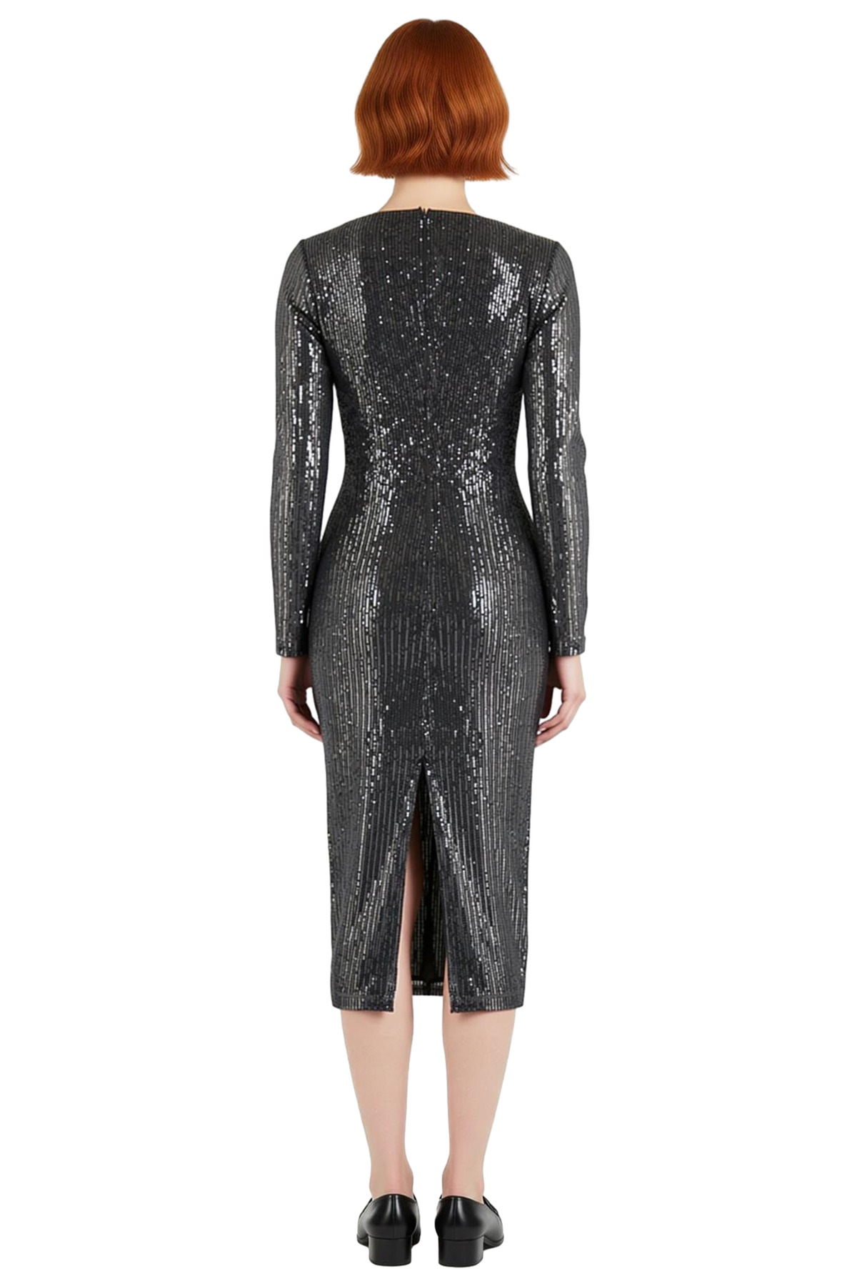 Kadın Bodycon Kesim Midi Boy Payetli Cut Out Detaylı V Yaka Abiye Elbise Özel Günler İçin İdeal