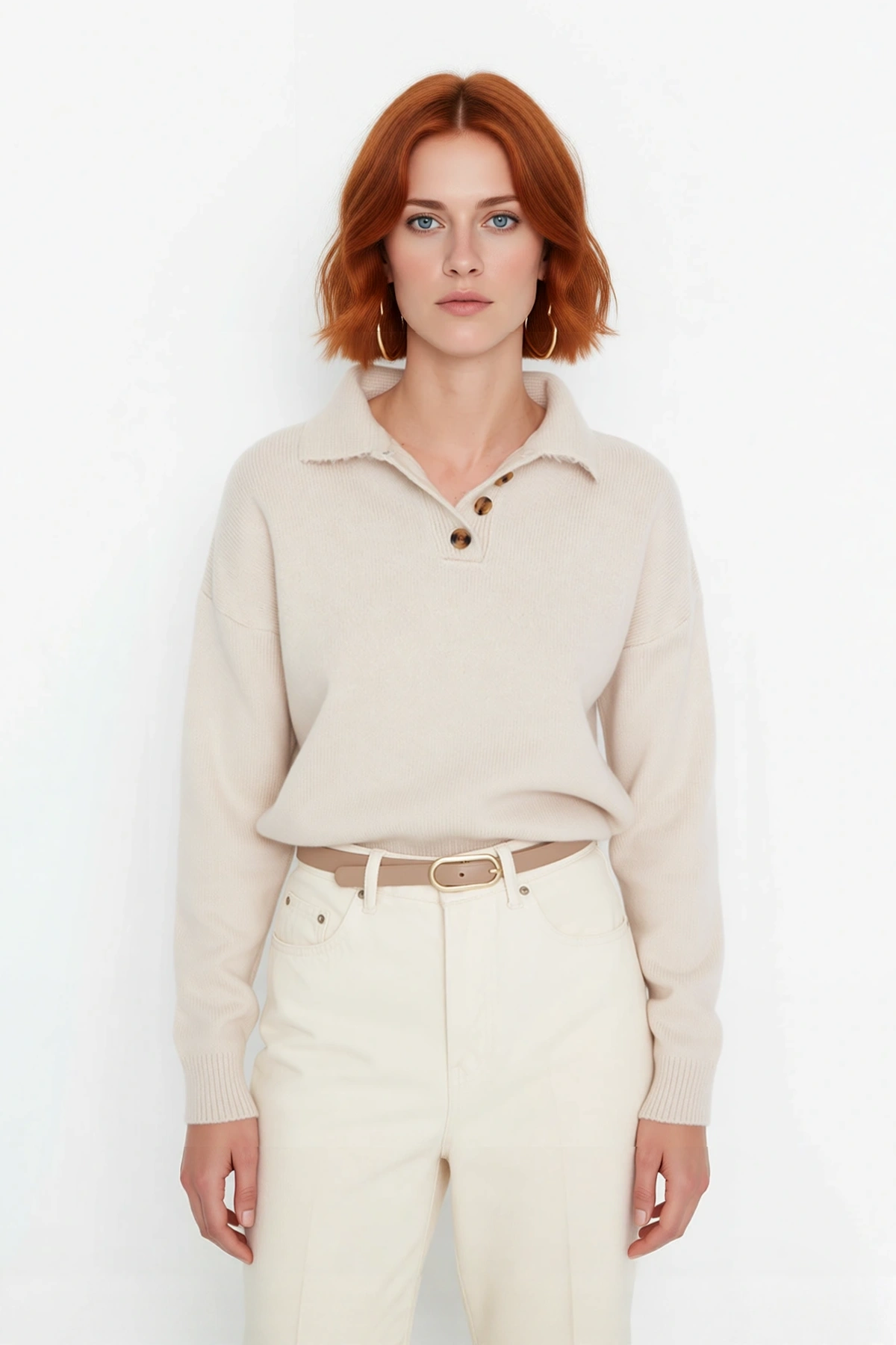 Kadın Oversize Polo Yaka Düşük Kol Basic Triko Kazak Kış Sezonu İçin Konforlu ve Şık Bir Tercih