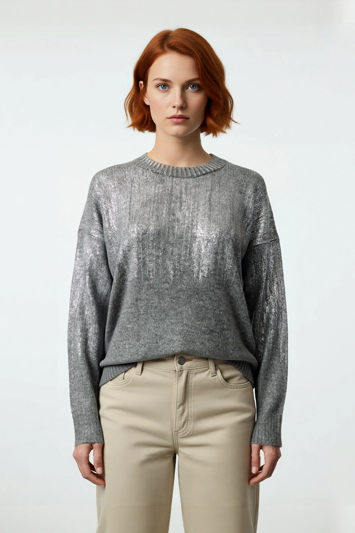 Kadın Oversize Basic Bisiklet Yaka Uzun Kollu Gri Triko Kazak Metalik Dokusuyla Şıklığı Yakala