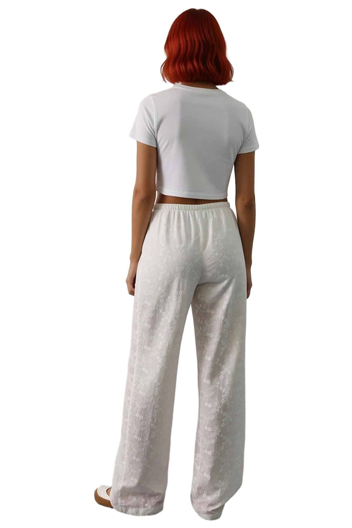 Kadın Moda Geniş Paça Brode Desenli Yüksek Bel Pantolon Yazlık Günlük Kullanım