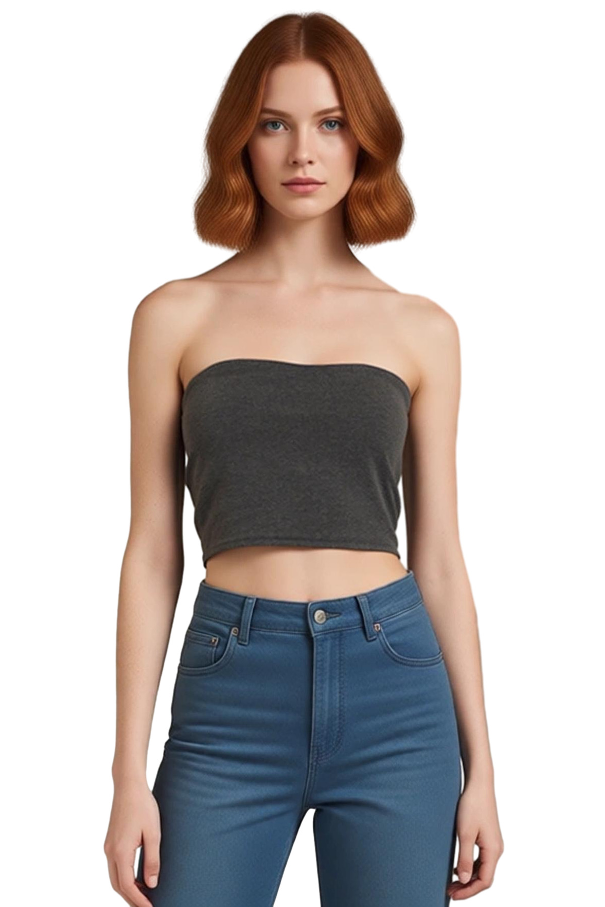 Fitted Straplez Yaka Crop Örme Bluz Rahat Günlük Stil Dayanıklı Malzeme Seçkin