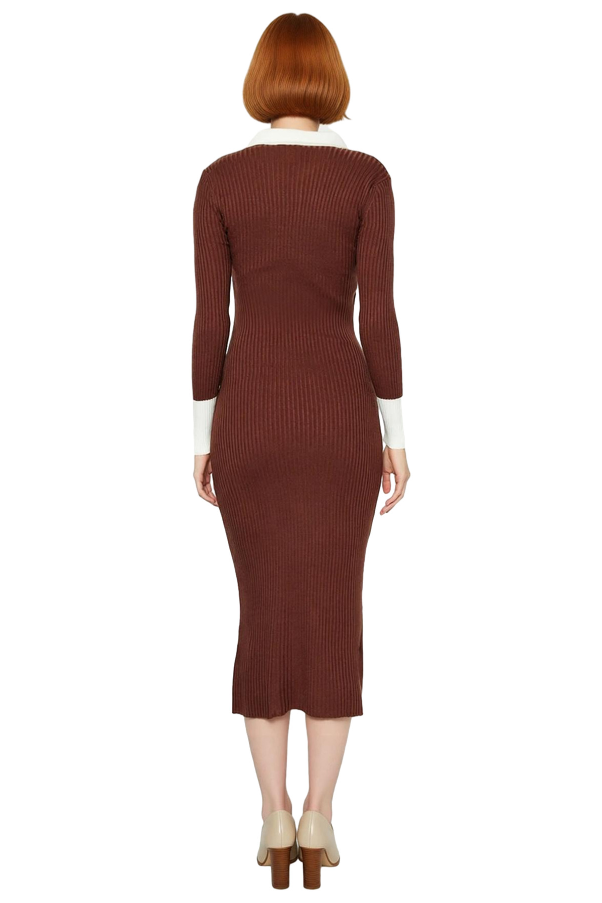 Kadın Triko Midi Elbise Uzun Kollu Polo Yaka Bodycon Kesim Renk Bloklu Smart Ofis Şıklığı Kaliteli