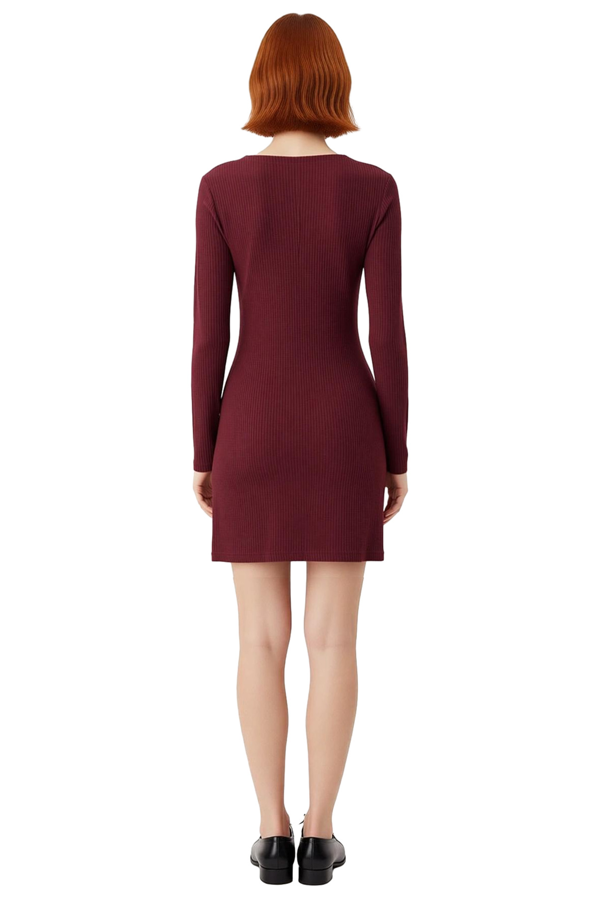 Kadın Bodycon V Yaka Düz Desen Asimetrik Düğmeli Kısa Örme Elbise Kış Kombinlerinin Vazgeçilmezi