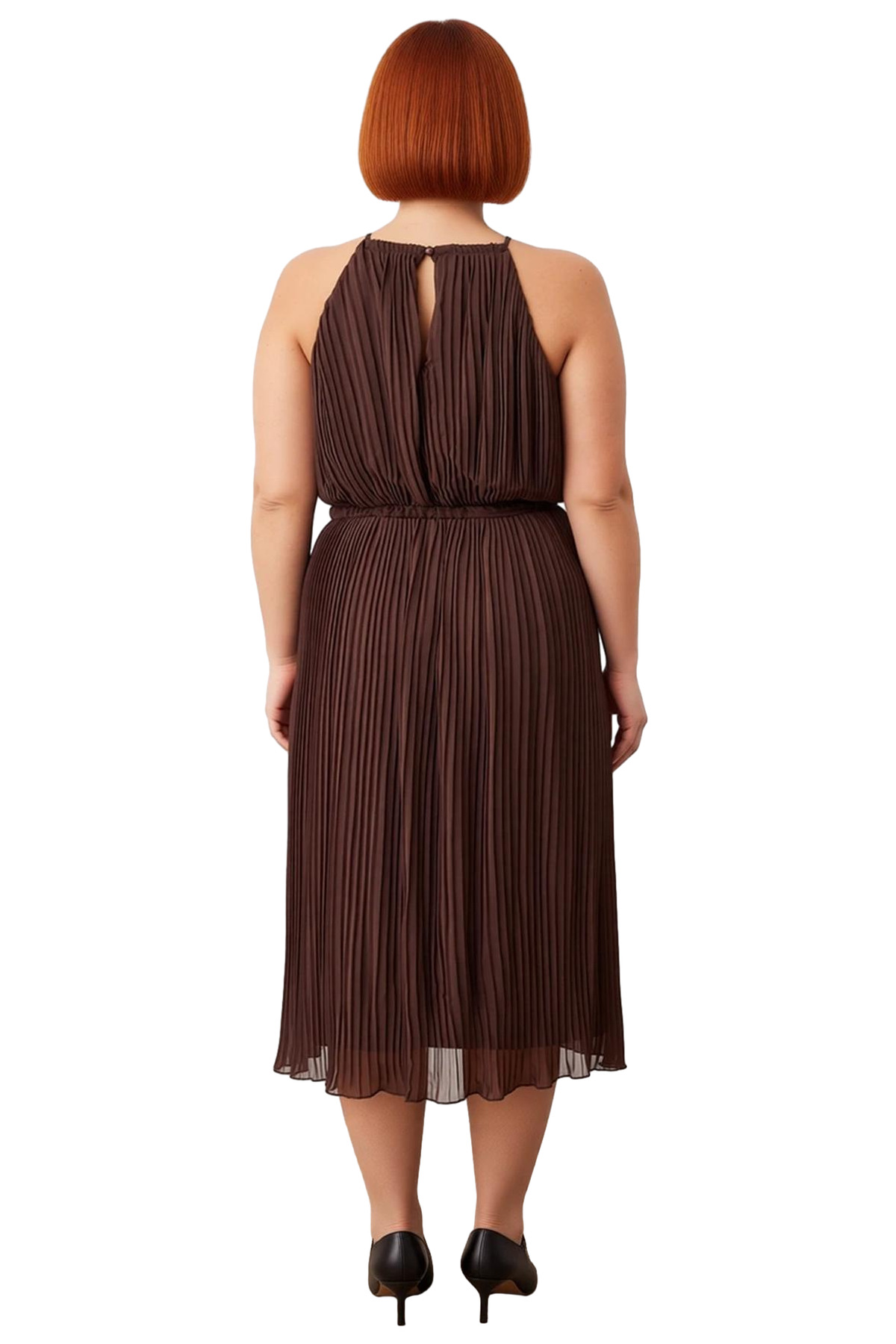 Kadın Büyük Beden Kahverengi Düz Halter Yaka Maxi Bodycon Dokuma Elbise Şık Davetler İçin Kaliteli