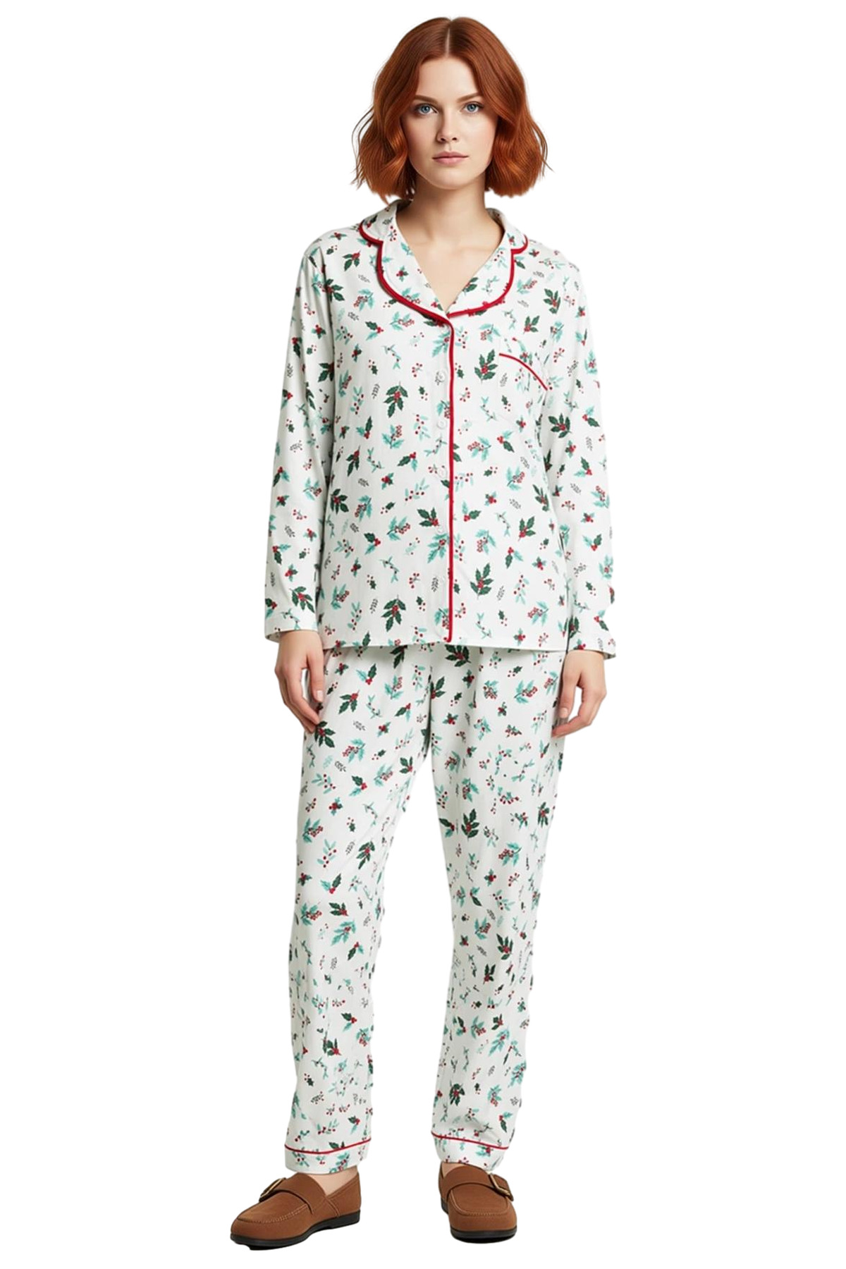 Kadın Yılbaşı Temalı Gömlek Yaka Pijama Takımı Fonksiyonel Dayanıklı Kaliteli Konforlu Şık