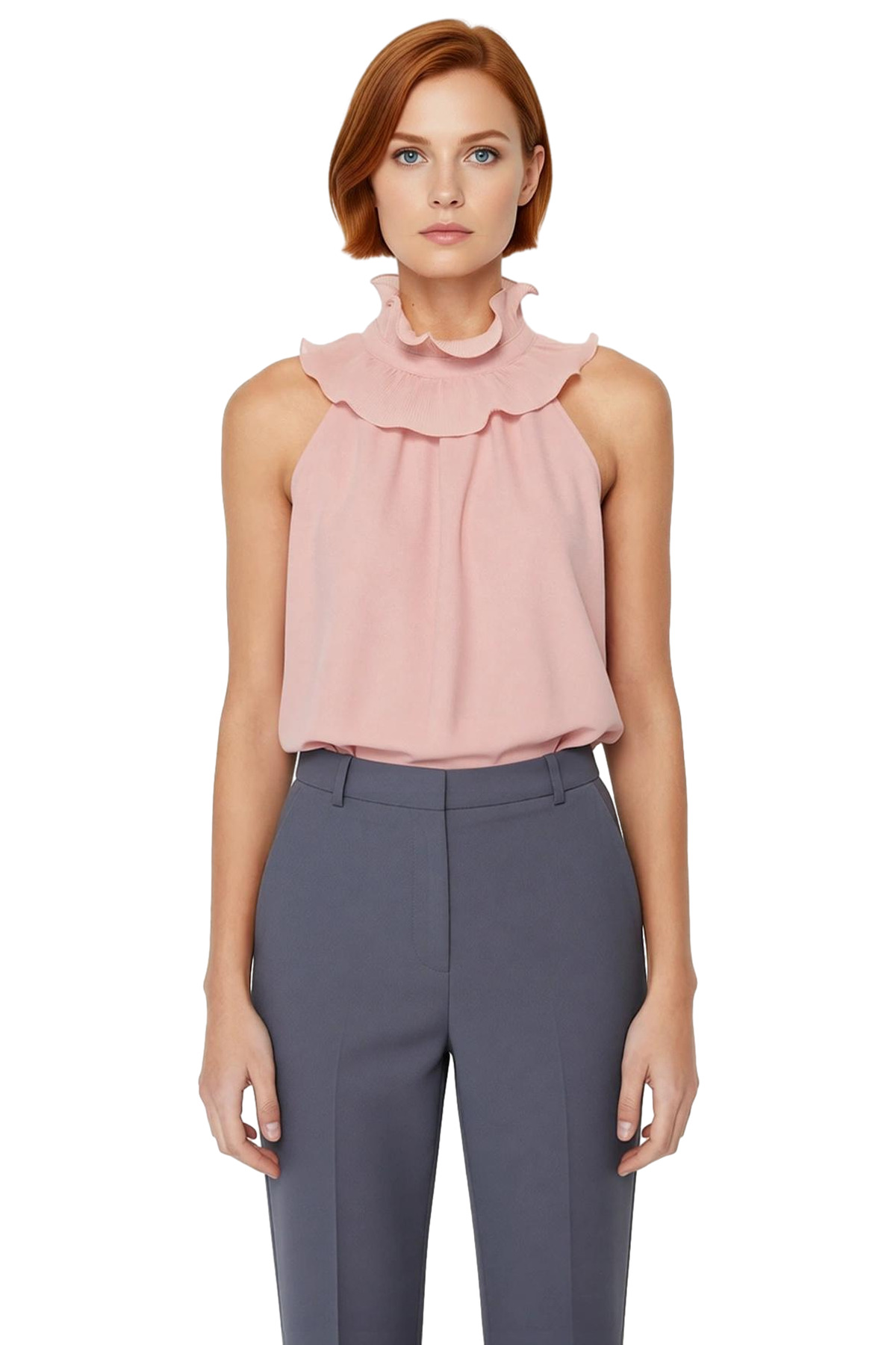 Halter Yaka Fırfırlı Bluz Örme Kumaştan Şık Modern Stil Premium Kalite Trend Tasarım