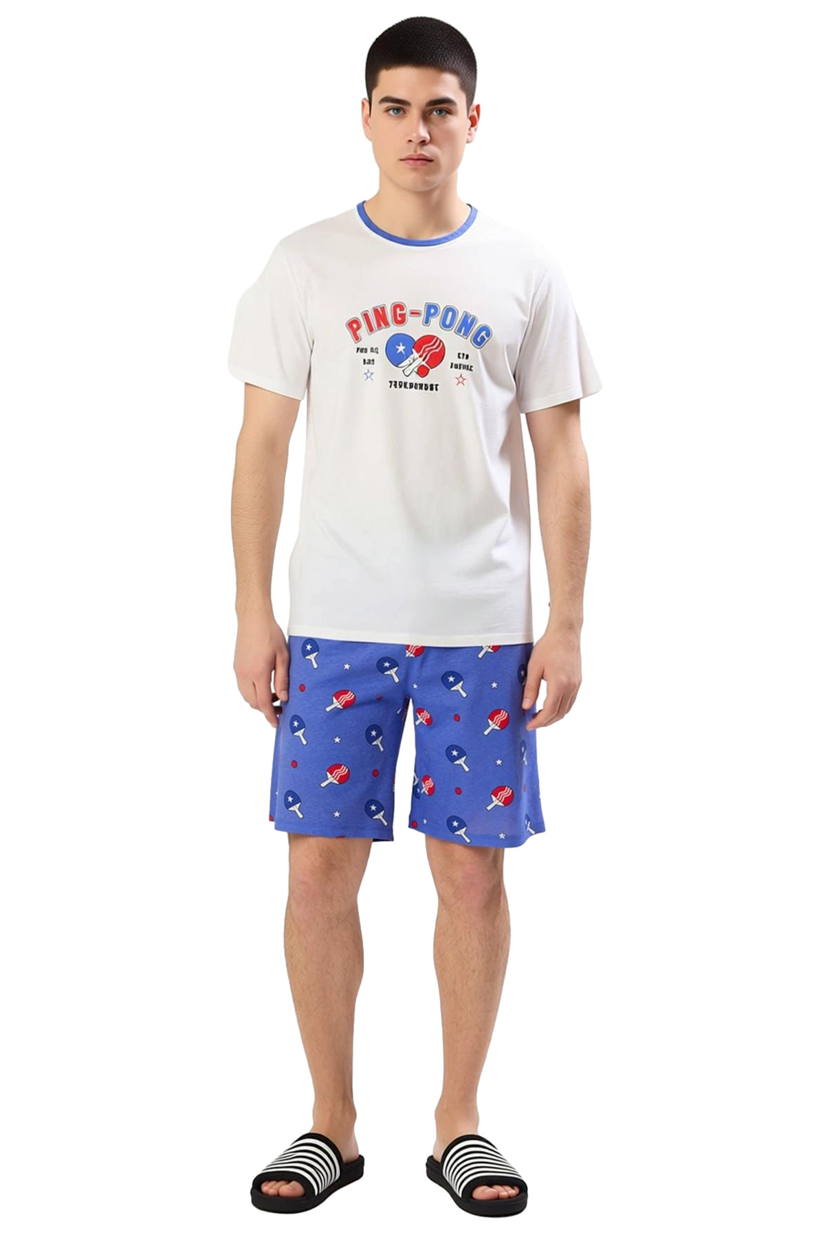 Erkek Ping Pong Temalı Bisiklet Yaka T shirt ve Şort Pijama Takımı Fonksiyonel Dayanıklı Şık