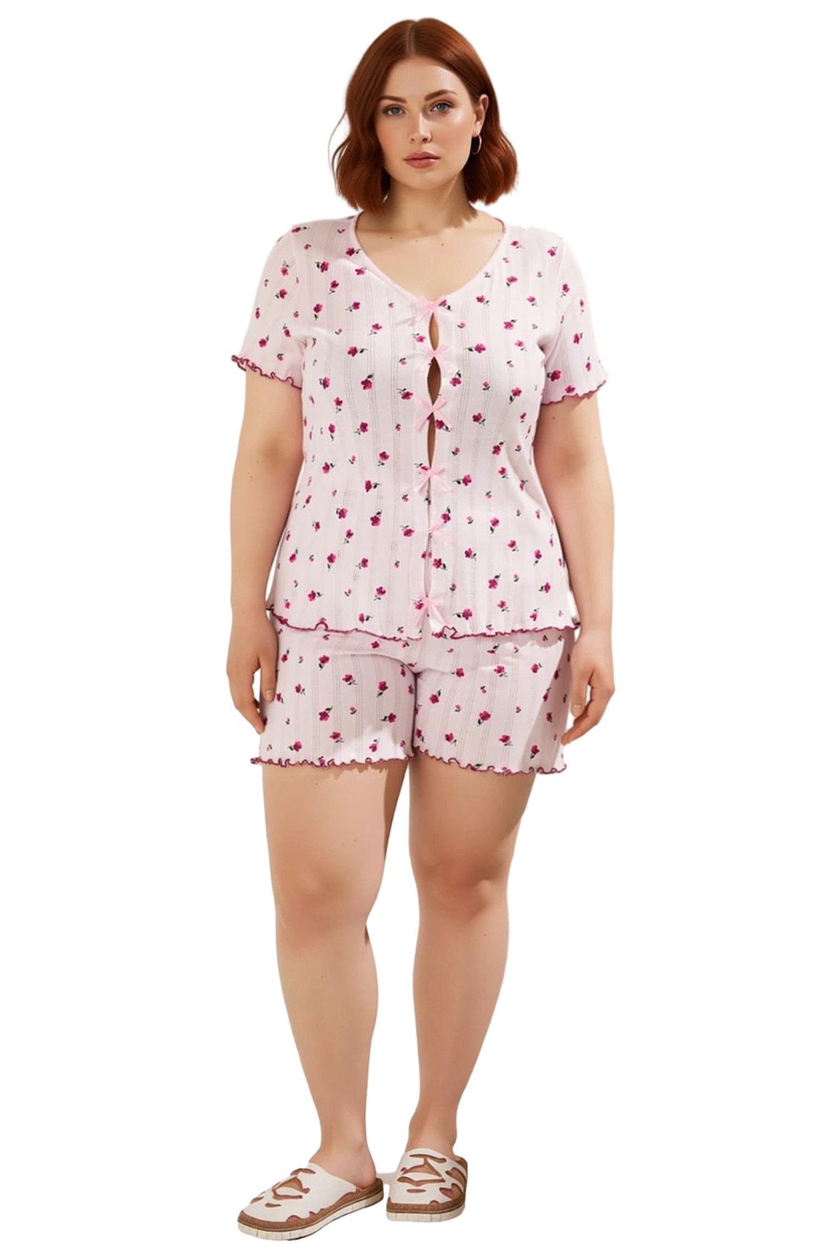 Kadın Çiçekli V Yaka Kısa Kollu Örme Pijama Takımı Fonksiyonel Dayanıklı Kaliteli Konforlu
