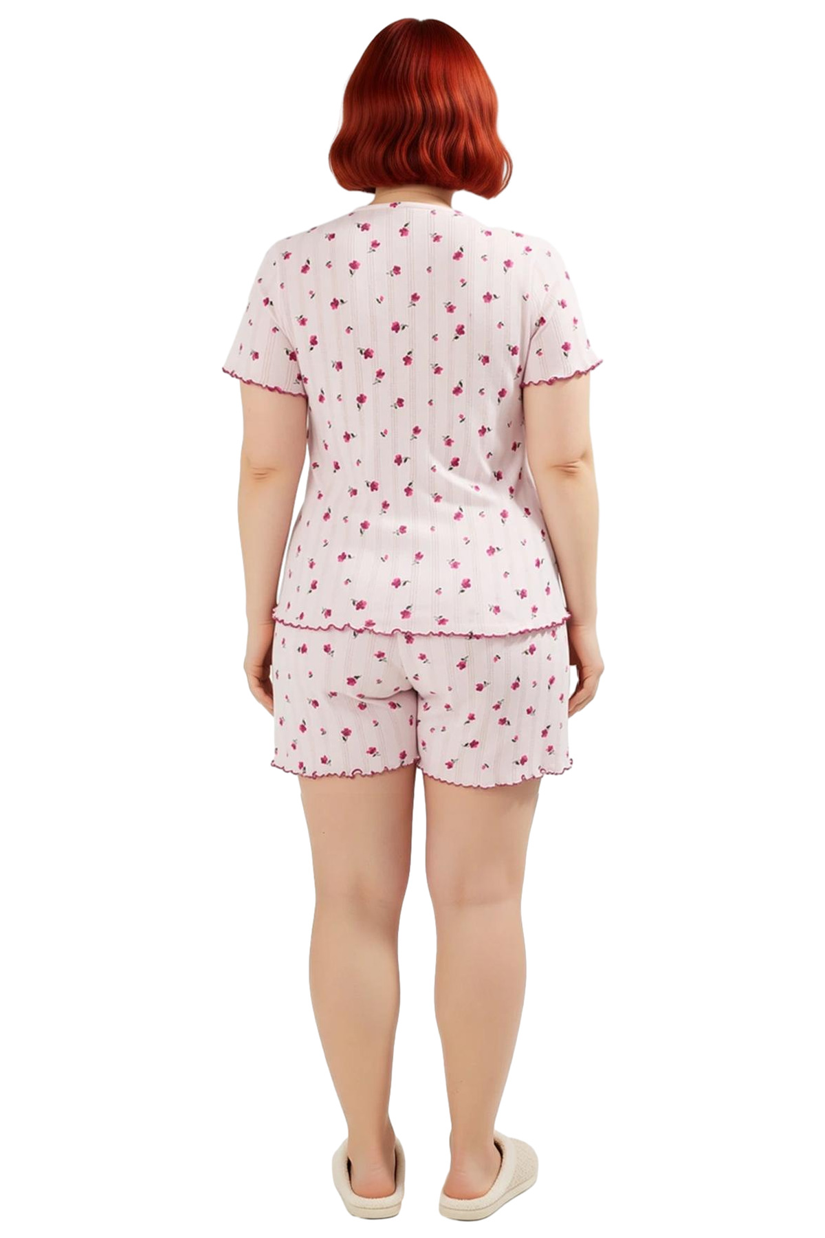 Kadın Çiçekli V Yaka Kısa Kollu Örme Pijama Takımı Fonksiyonel Dayanıklı Kaliteli Konforlu