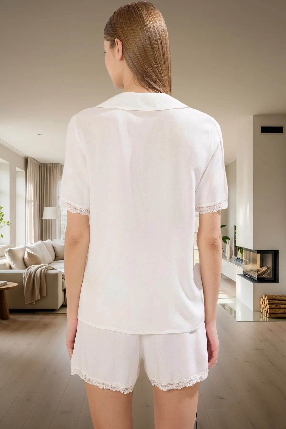 Kadın Dantel Detaylı Gömlek ve Şort Pijama Takımı Fonksiyonel Dayanıklı Kaliteli Konforlu Şık