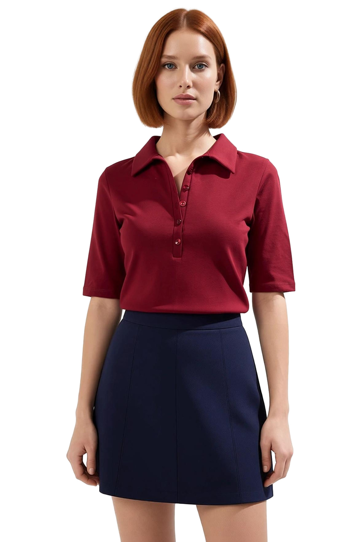 Melanj Polo Yaka Truvakar Kol Fitted Pamuklu Bluz Özel Tasarım Trend Özenle Seçilmiş