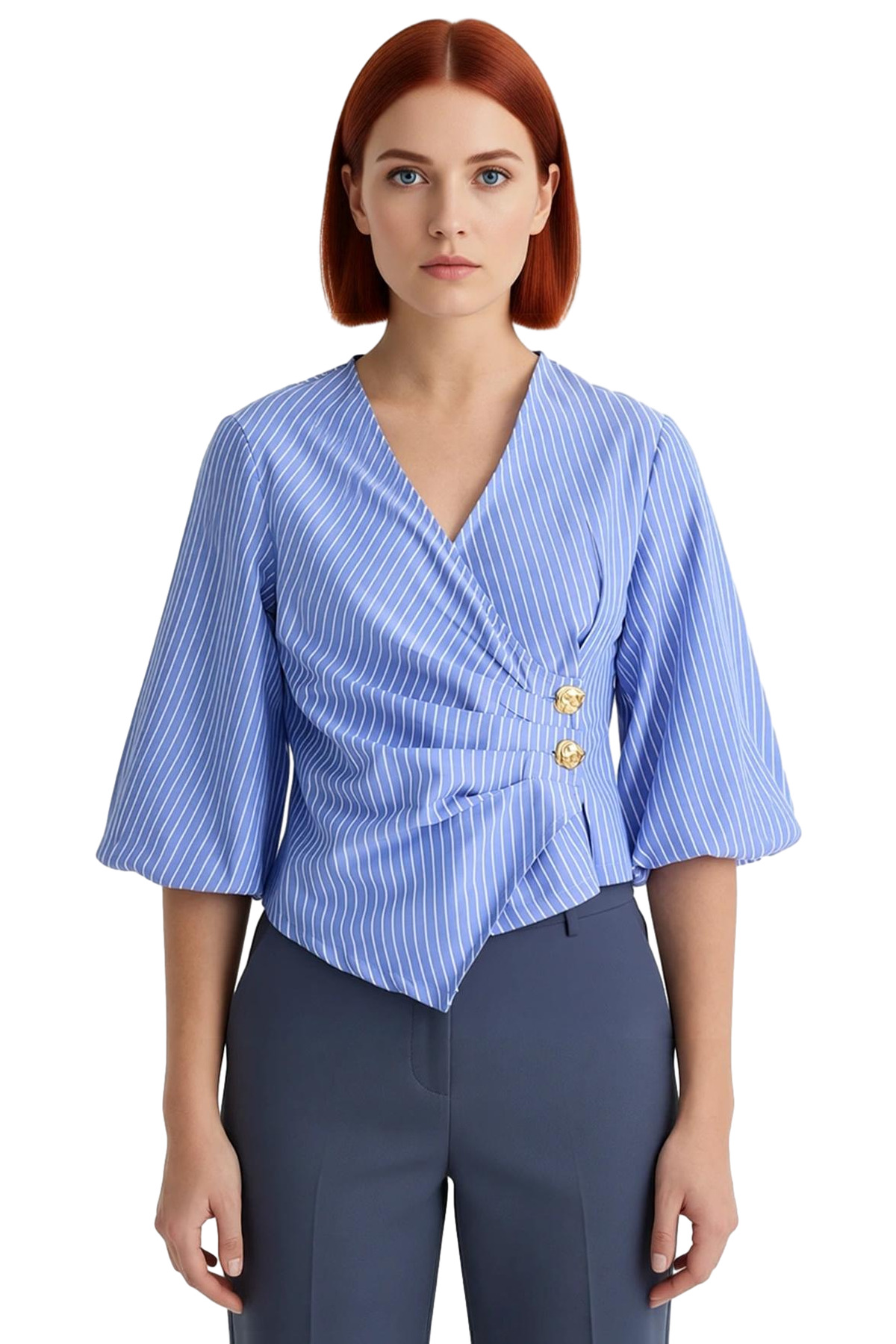 Çizgili Fitted Terrycotton Bluz Kısa Kol Yazlık Günlük Konforlu Kesim Zarifane Tasarım