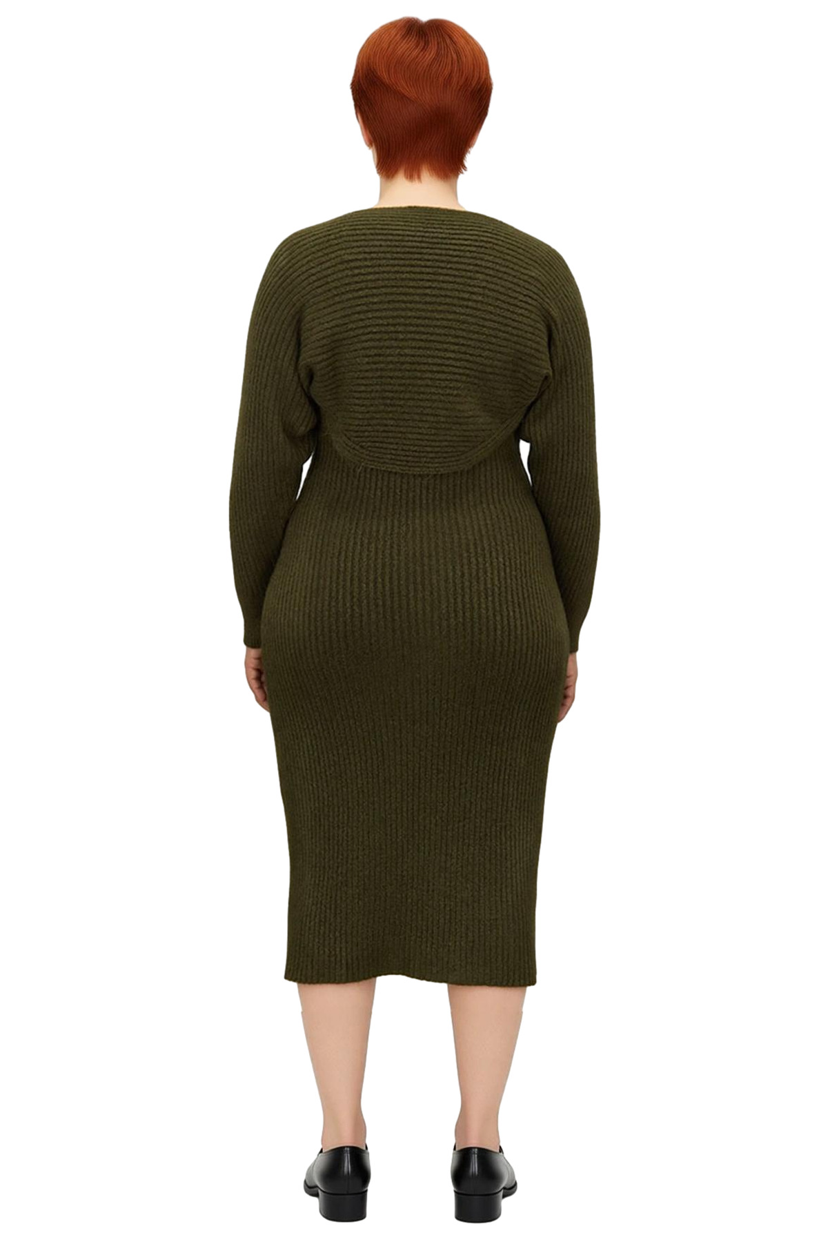 Kadın Haki Fitilli Bodycon Midi Boy Yırtmaçlı Triko Elbise Ve Düşük Kollu Bolero Takımı Kaliteli