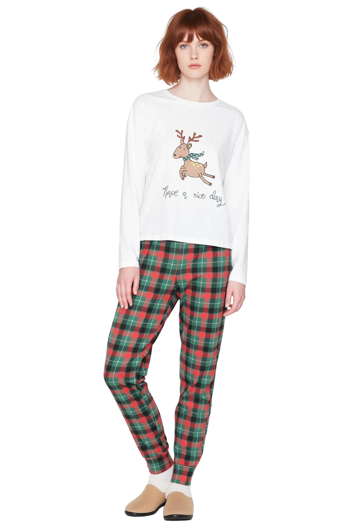 Kadın Yılbaşı Temalı Bisiklet Yaka Uzun Kollu Pijama Takımı Fonksiyonel Dayanıklı Kaliteli