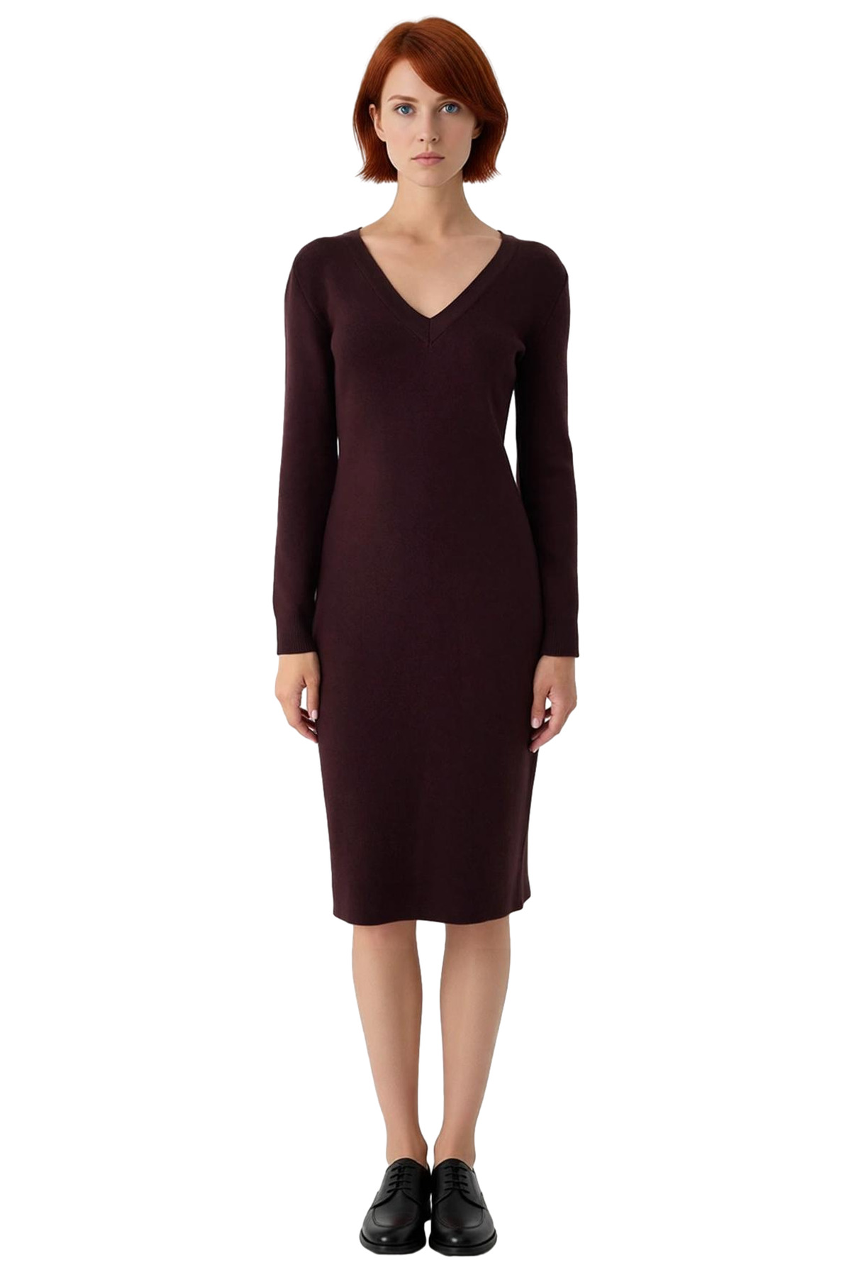 Kadınlar İçin Bodycon Midi Triko Elbise V Yaka Uzun Kol Düz Desen Rahat Şık İlkbahar Sonbahar Stili