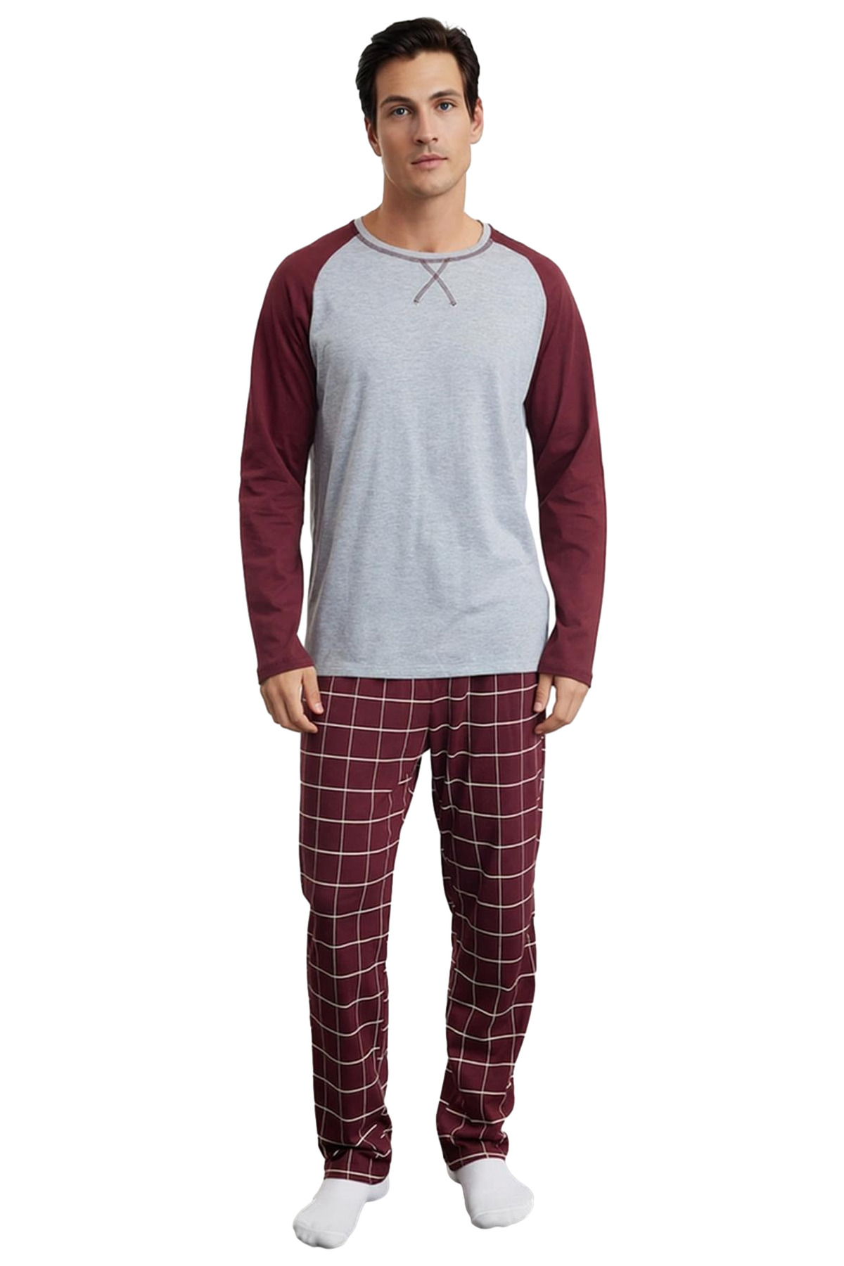 Erkek Bisiklet Yaka Kareli Pijama Takımı Uzun Kollu Fonksiyonel Dayanıklı Kaliteli Estetik