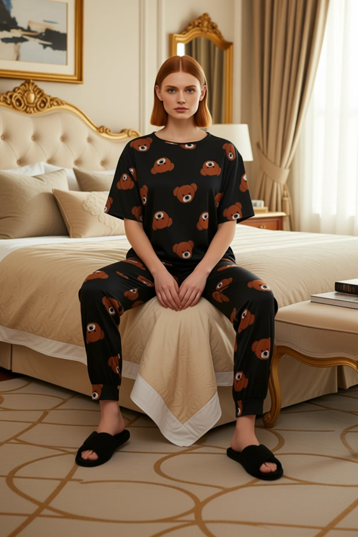 Ayıcık Desenli Bisiklet Yaka Pijama Takımı Kadın Fonksiyonel Dayanıklı Kaliteli Konforlu Şık