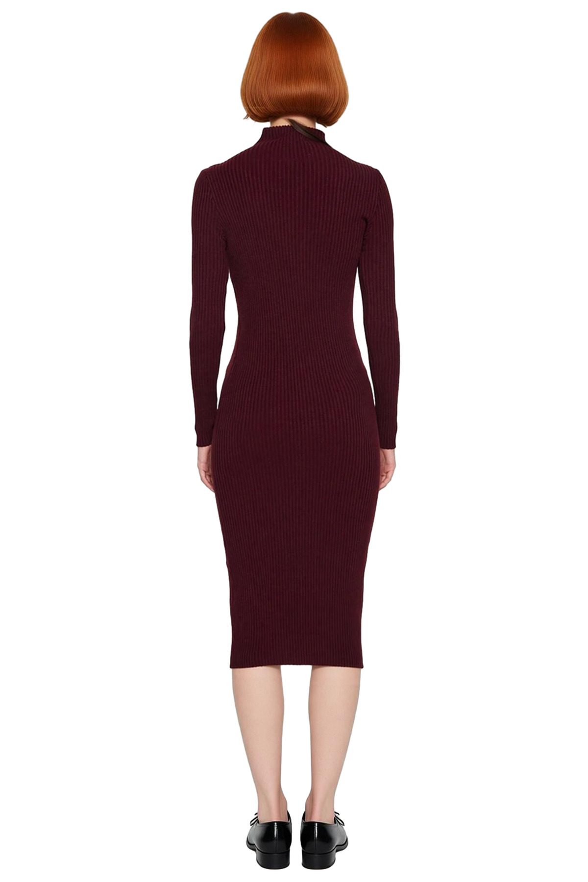 Kadın Bodycon Kesim Midi Uzun Kollu Triko Elbise Dik Yaka Cut Out Detaylı Şık Fitilli Tasarım