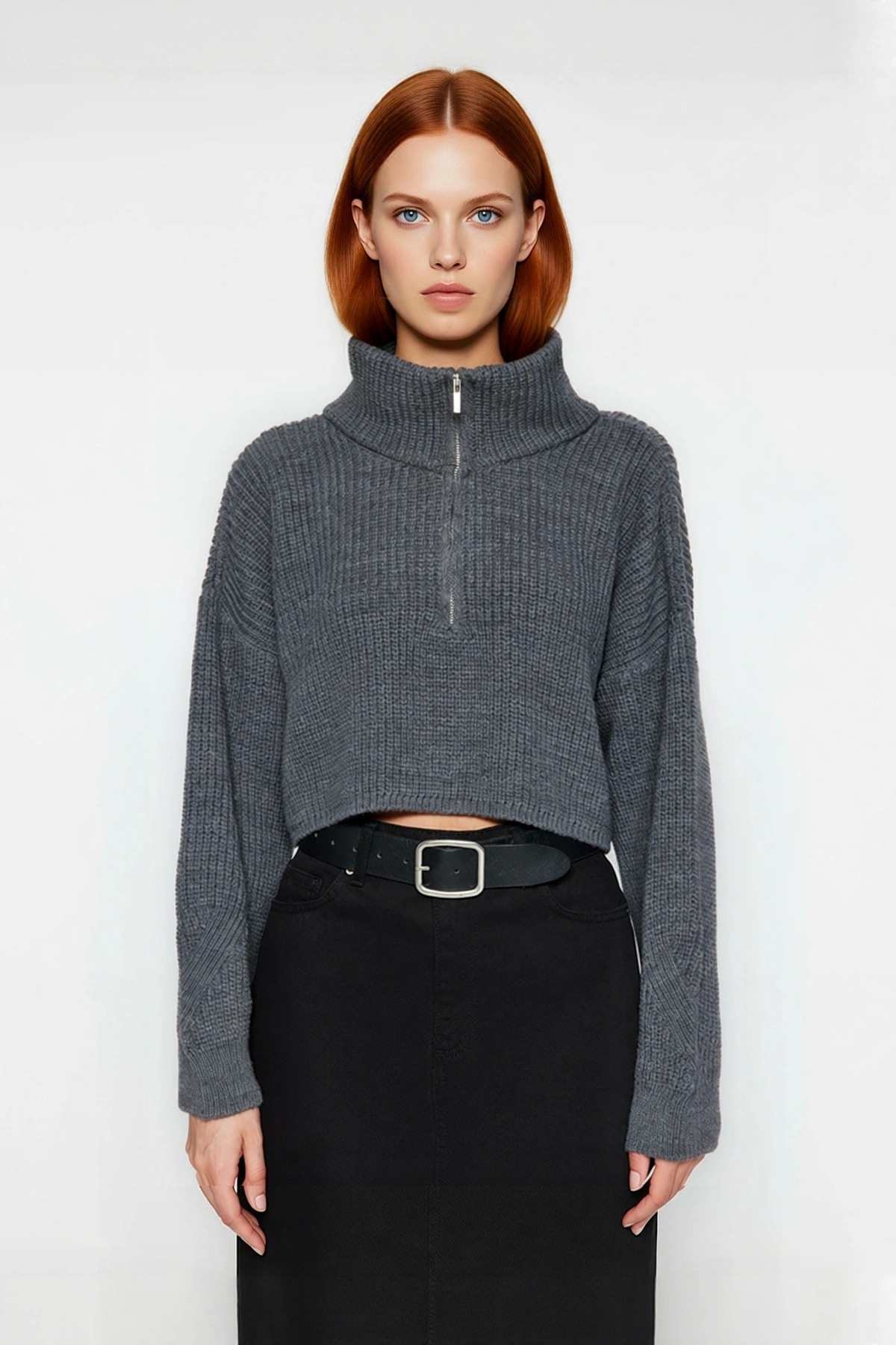 Kadın Oversize Crop Fermuarlı Dik Yaka Selanik Dokuma Akrilik Triko Kazak Kış Günlük Kombinler İçin