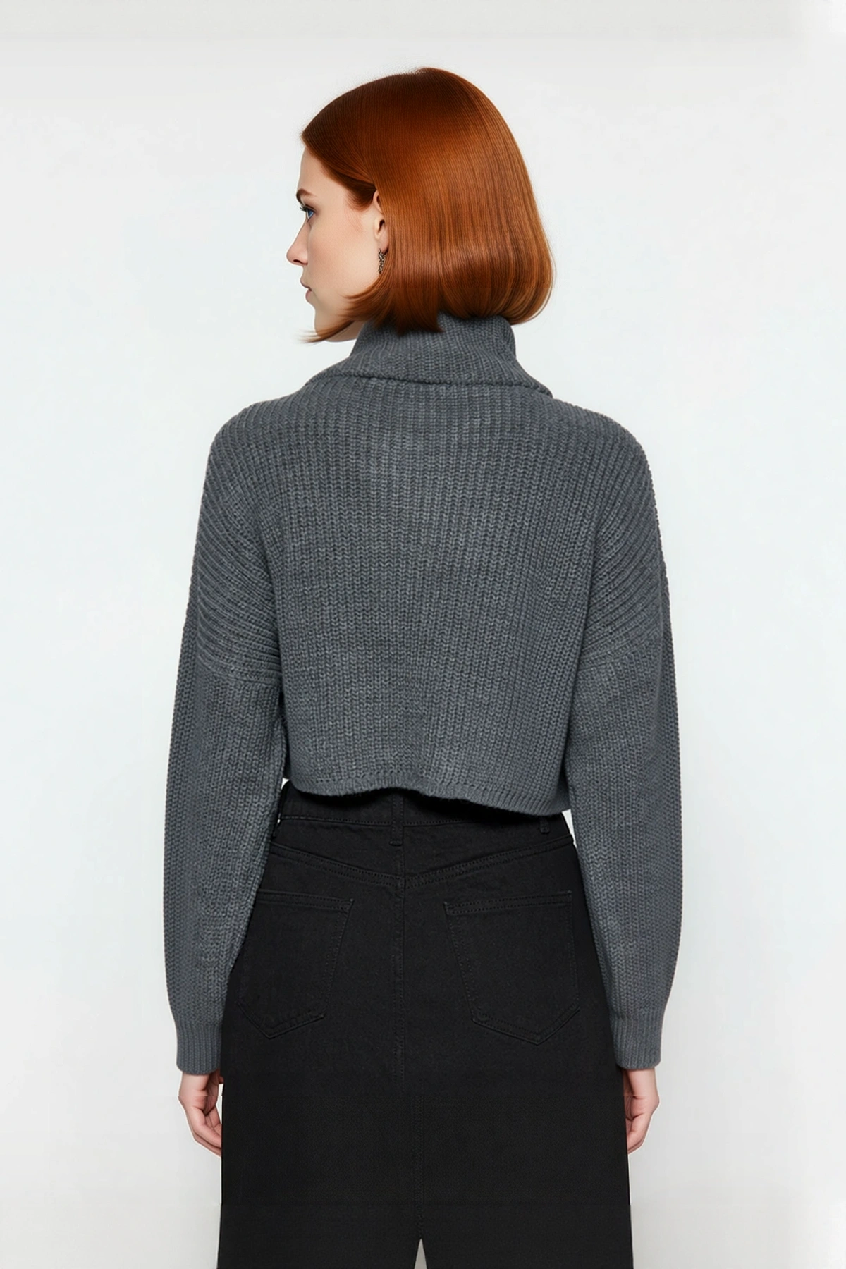 Kadın Oversize Crop Fermuarlı Dik Yaka Selanik Dokuma Akrilik Triko Kazak Kış Günlük Kombinler İçin