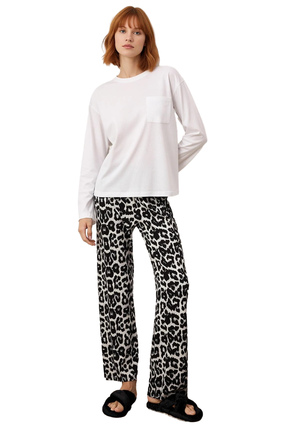 Kadın Leopar Desenli Pamuklu Pijama Takımı Seçkin Malzeme Kaliteli İşçilik Premium Kalite
