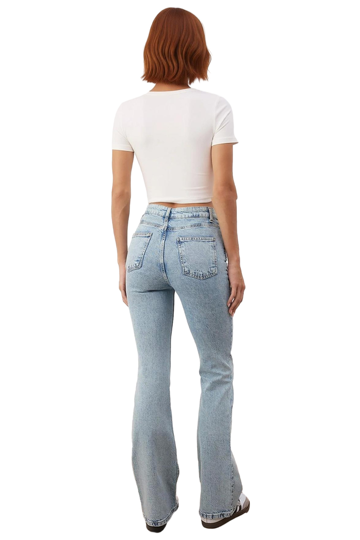 Kadın Açık Yüksek Bel İspanyol Paça Denim Pantolon Fonksiyonel Dayanıklı Kaliteli Konforlu