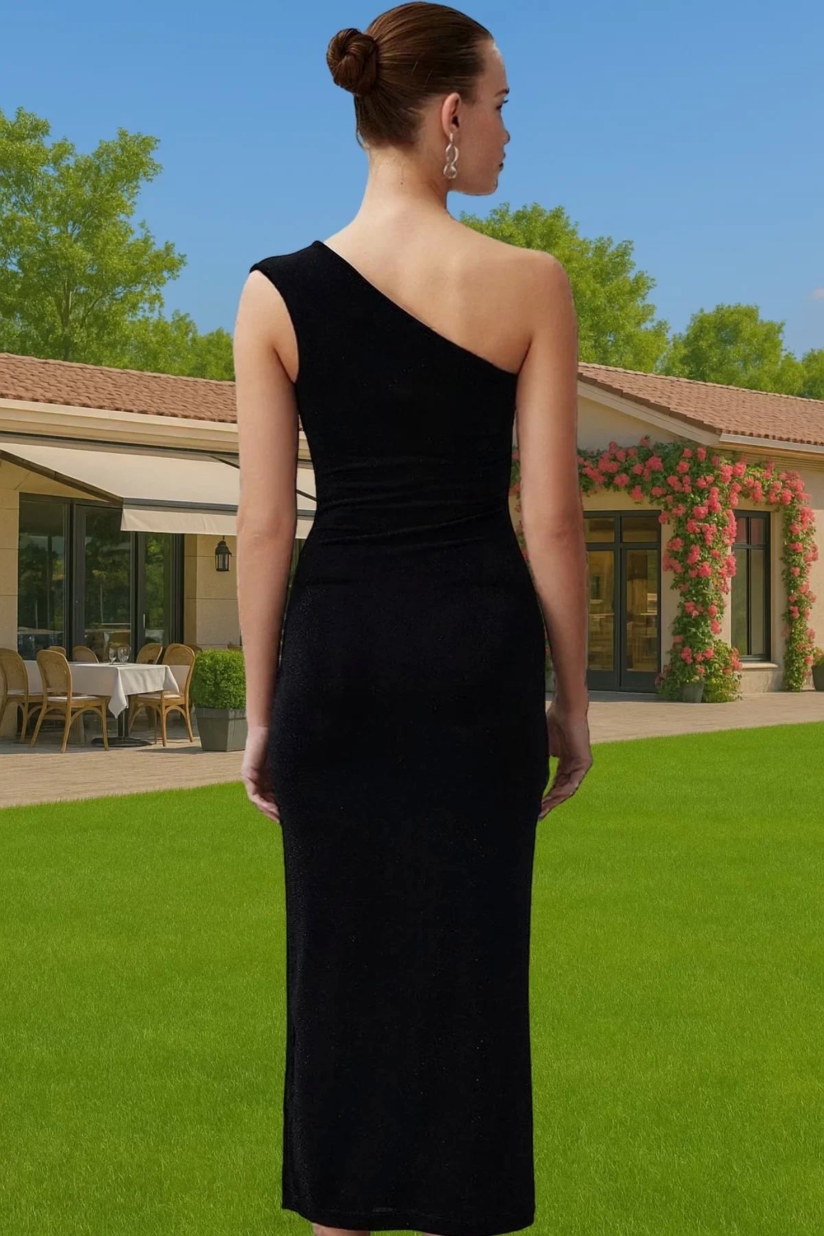 Kadın Maxi Elbise Asimetrik Yaka Bodycon Kalıp Simli Örme Yazlık Yaz Aylarının Vazgeçilmezi