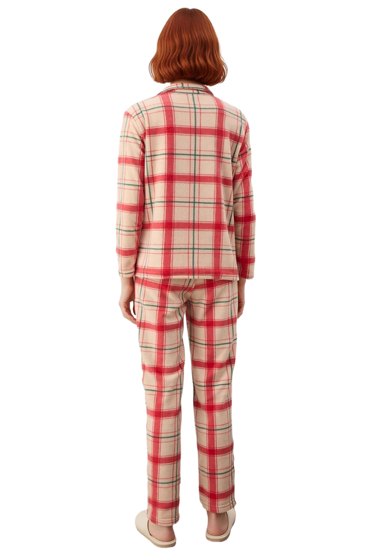Kadin Ekose Polar Pijama Takımı Kirmizi Detayli Fonksiyonel Dayanıklı Kaliteli Konforlu Şık
