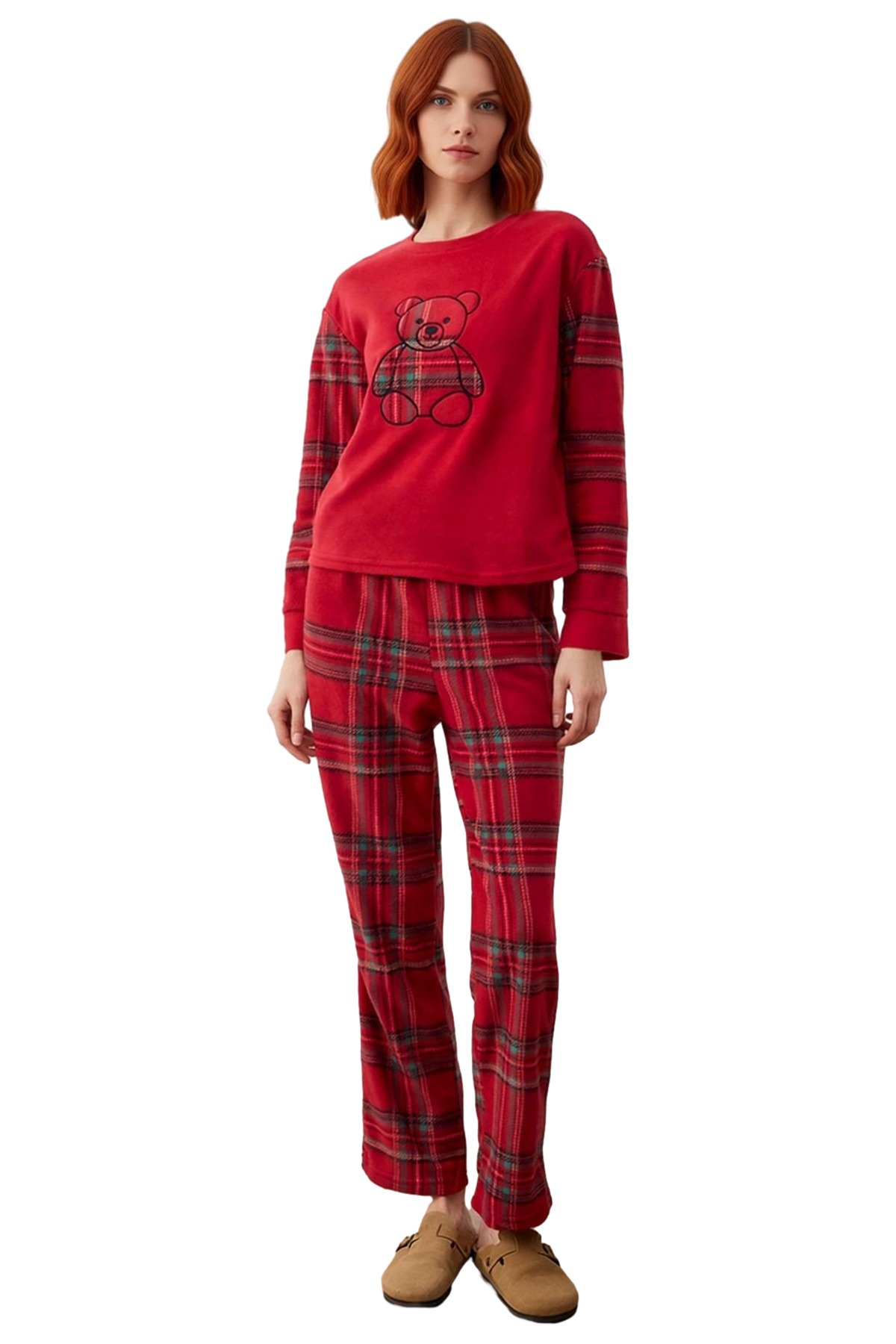Kadin Kirmizi Ayicikli Polar Pijama Takımı Fonksiyonel Dayanıklı Kaliteli Konforlu Estetik