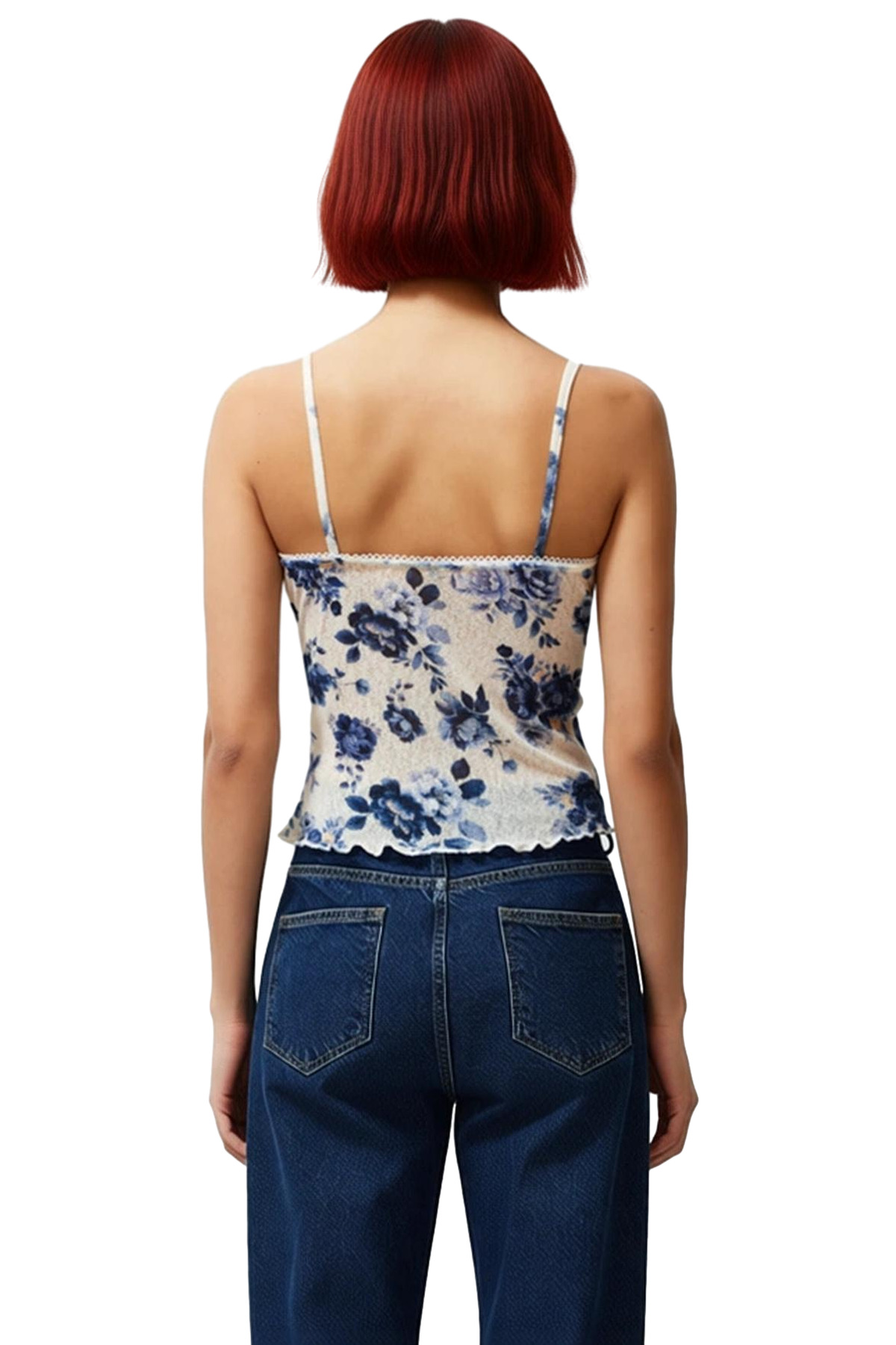 Crop Bluz Çiçek Desenli İnce Askılı Örme Polyester Yazlık Modern Stil Rahat Kullanım