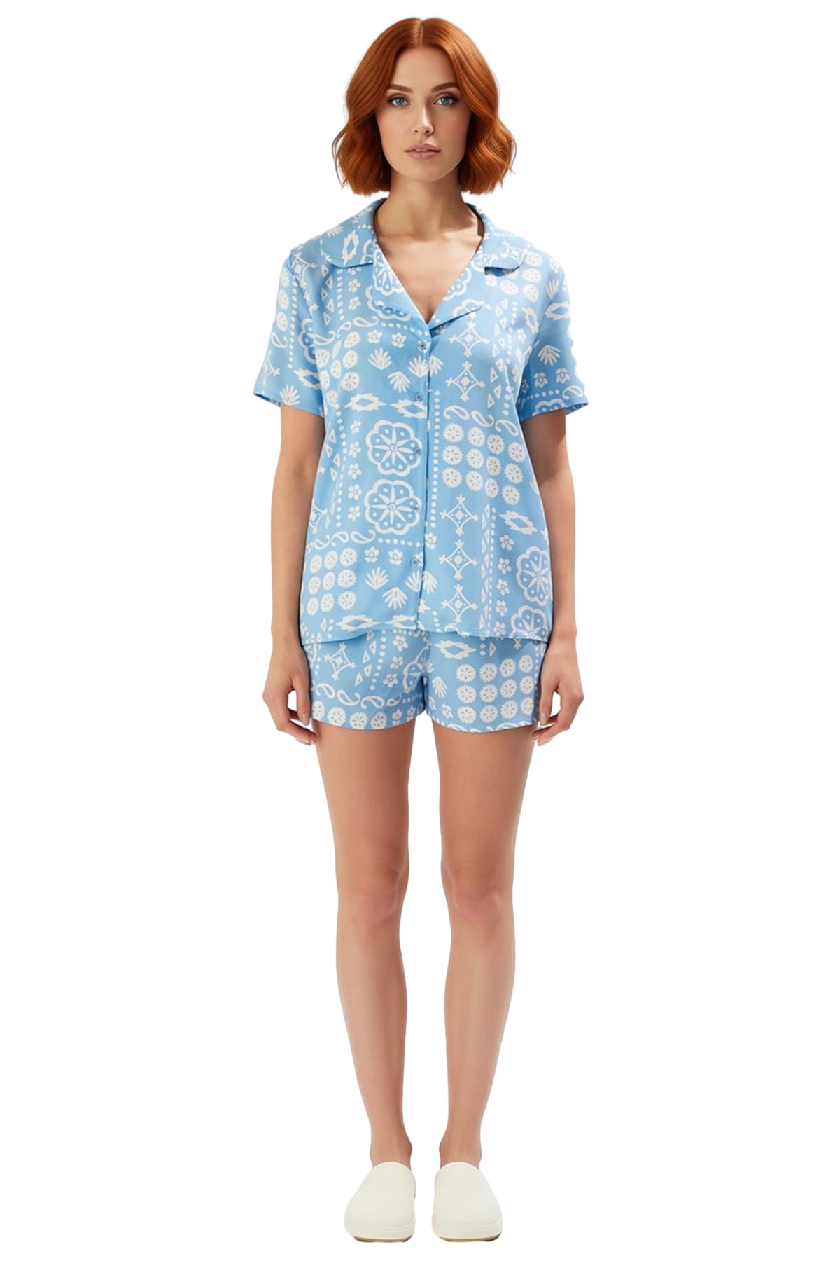 Kadın Rahat Yazlık Viskon Pijama Takımı Etnik Desenli Şortlu Regular Kalıp Trend Tasarım